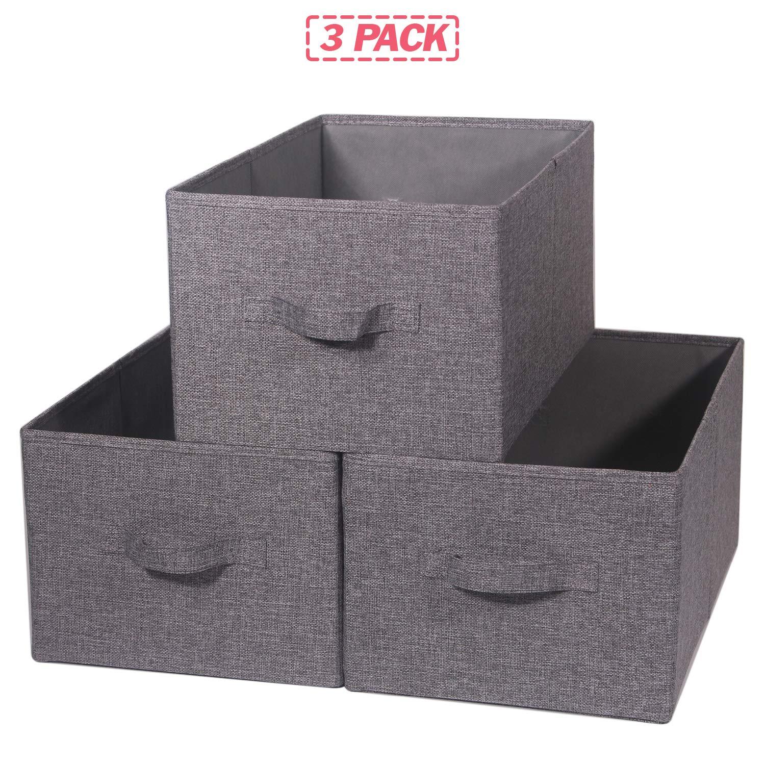 Set of 3 Closet Organizer Bins with Handle, Fabric Foldable Storage Baskets Cloth Box Containers for Shelves Home Office Clothes Clothing