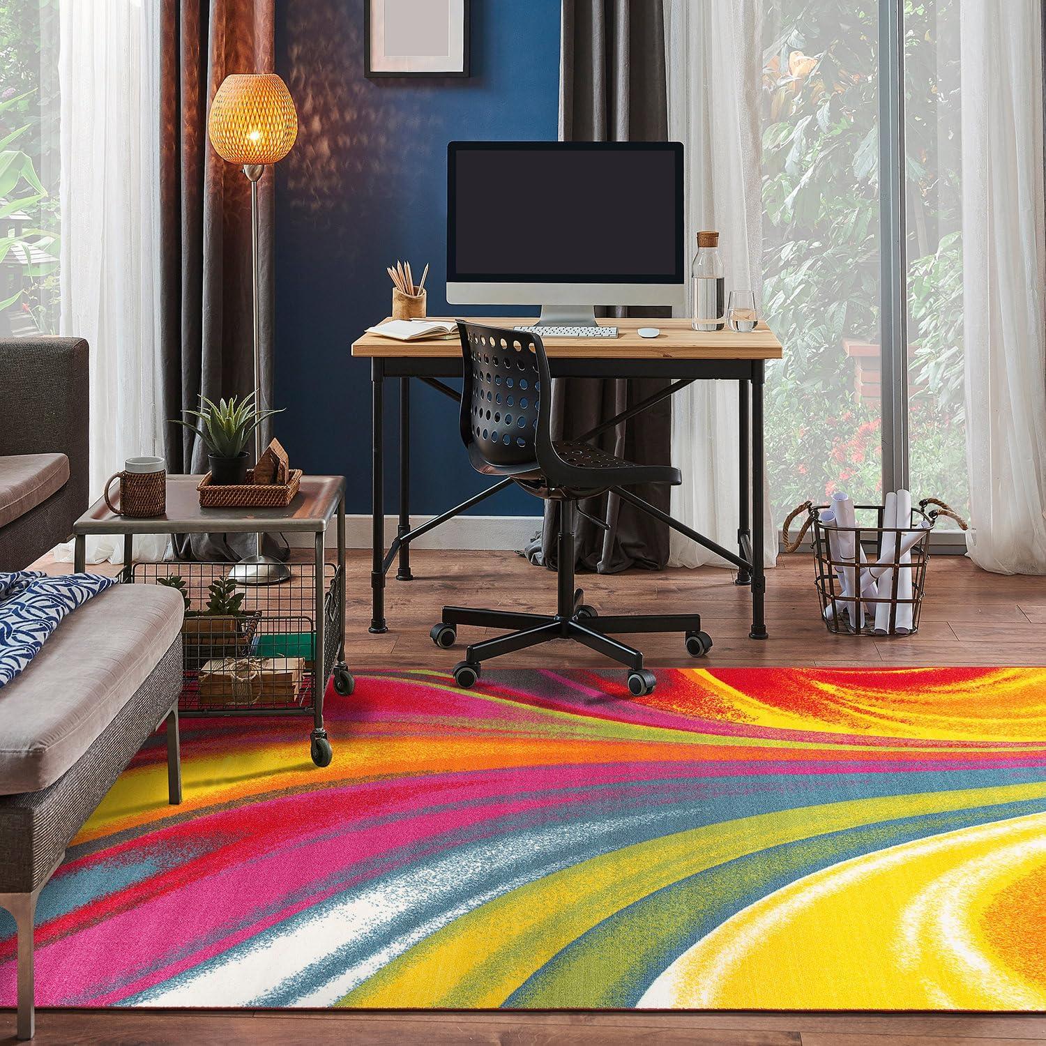 World Rug Gallery Modern Contemporary Waves Multicolored Non-slip (Non-skid) Area Rug - Multi 5'3" x 7'3"