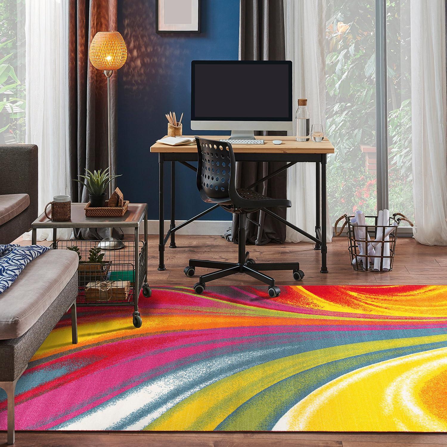 World Rug Gallery Modern Contemporary Waves Multicolored Non-slip (Non-skid) Area Rug - Multi 5'3" x 7'3"