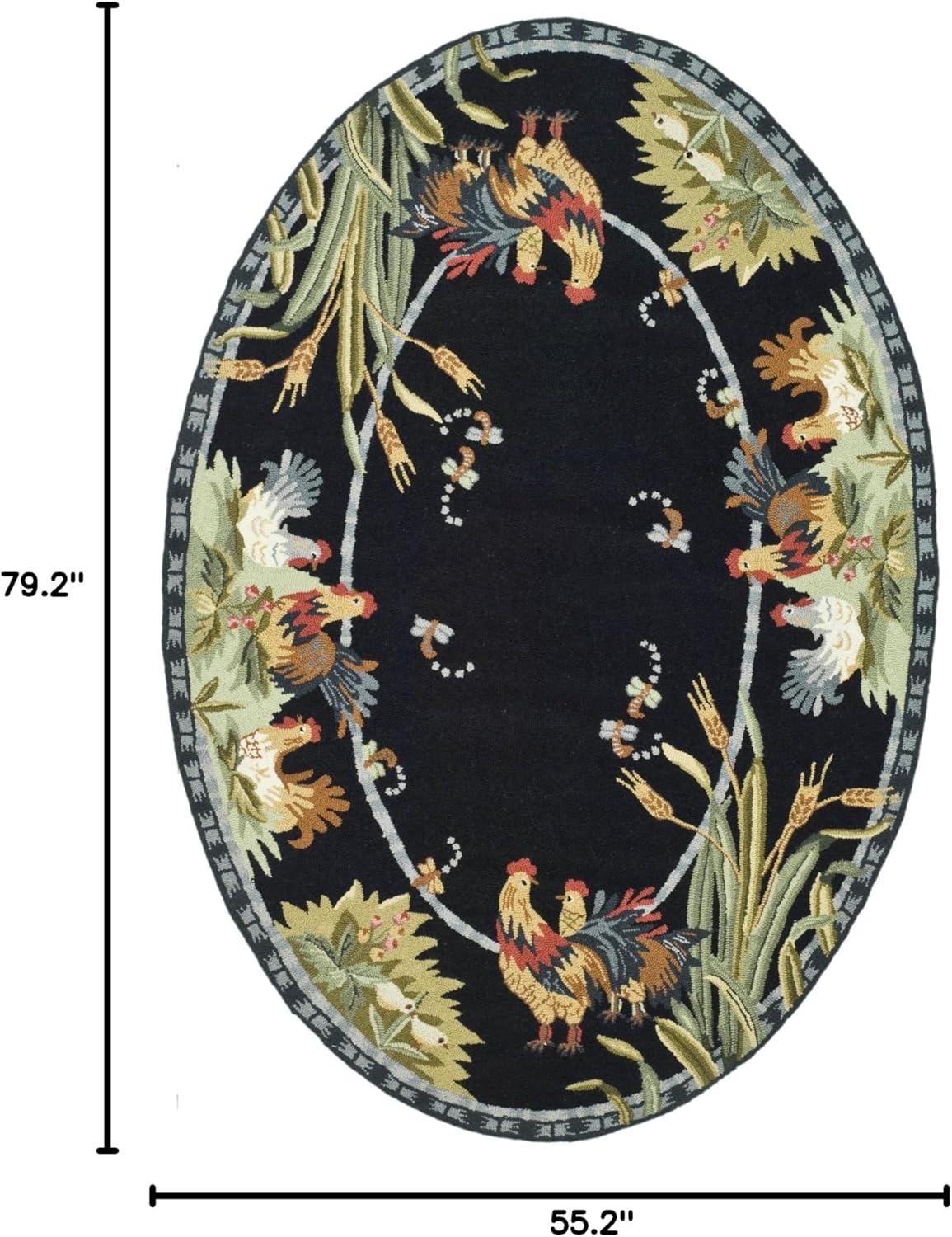 Handmade Black Floral Wool Oval Area Rug 5' x 7'