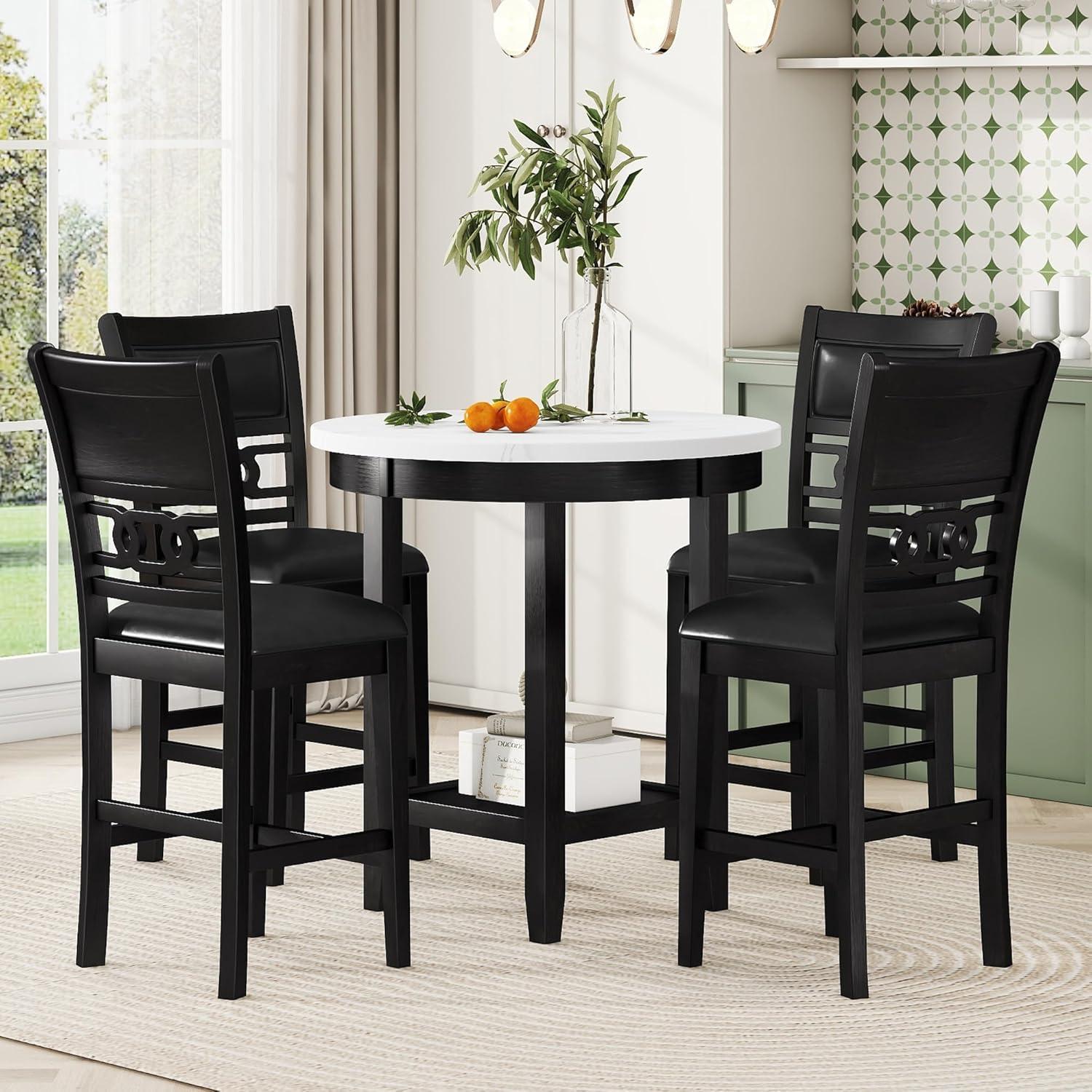 5-Piece Counter Height Dining Round Table Set With One Faux Marble Top Dining Table And Four Pu-Leather Chairs,Dark Espresso