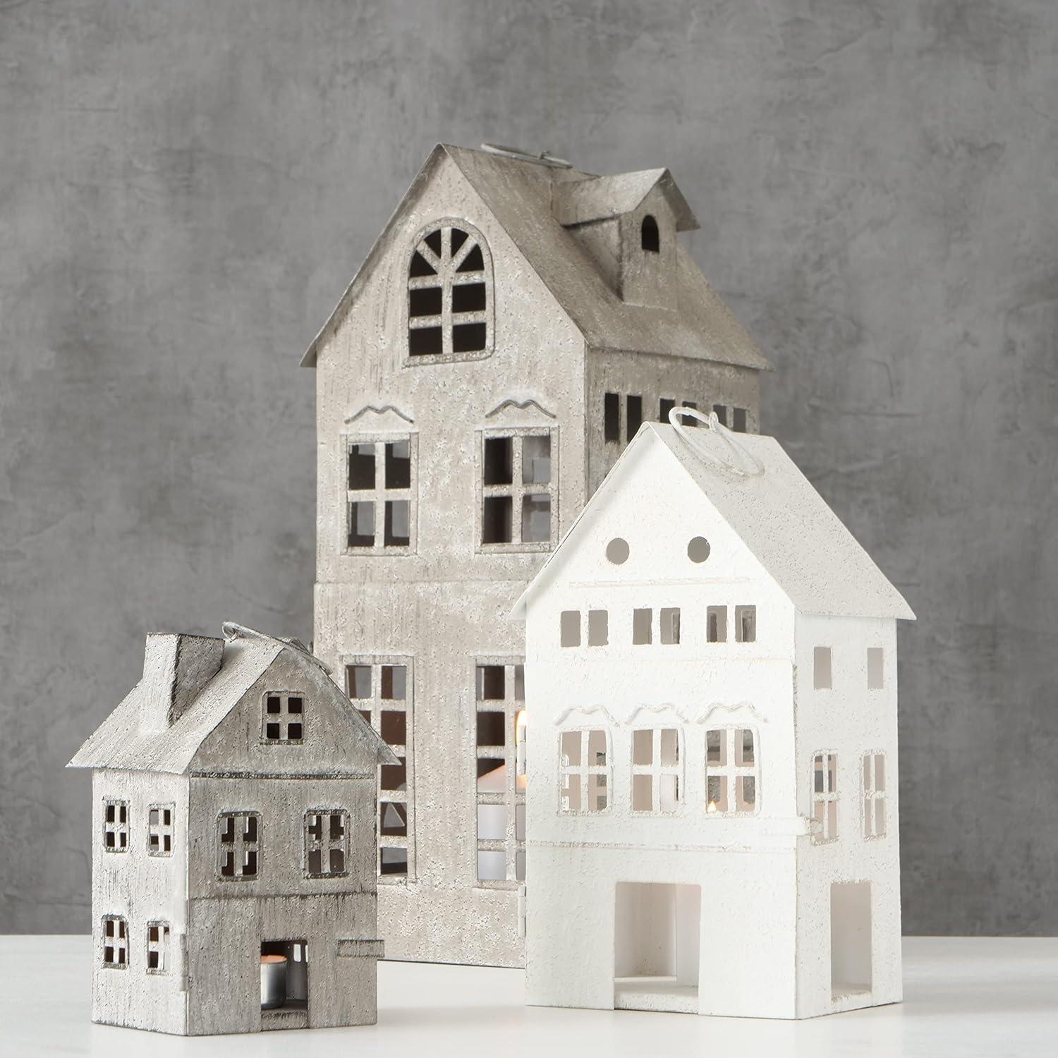 Americana Main Street Town House Candle Lanterns, Set of 3, Vintage Style, Weathered White and Rustic Gray, Metal, Hinged Doors, 14 1/2, 8 3/4 and 5 1/8 Inches Tall