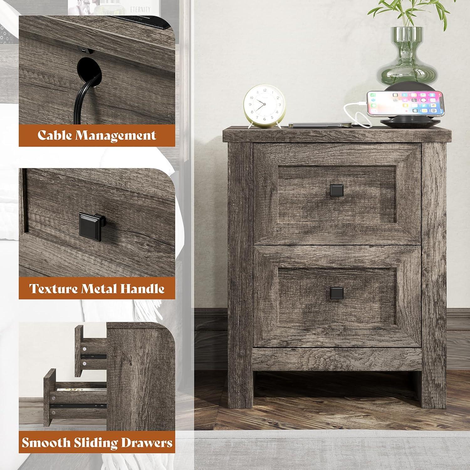 Merluxy Nightstand Set of 2 with Charging Station, Wood End Table with 2 Drawers Storage Cabinet Grey