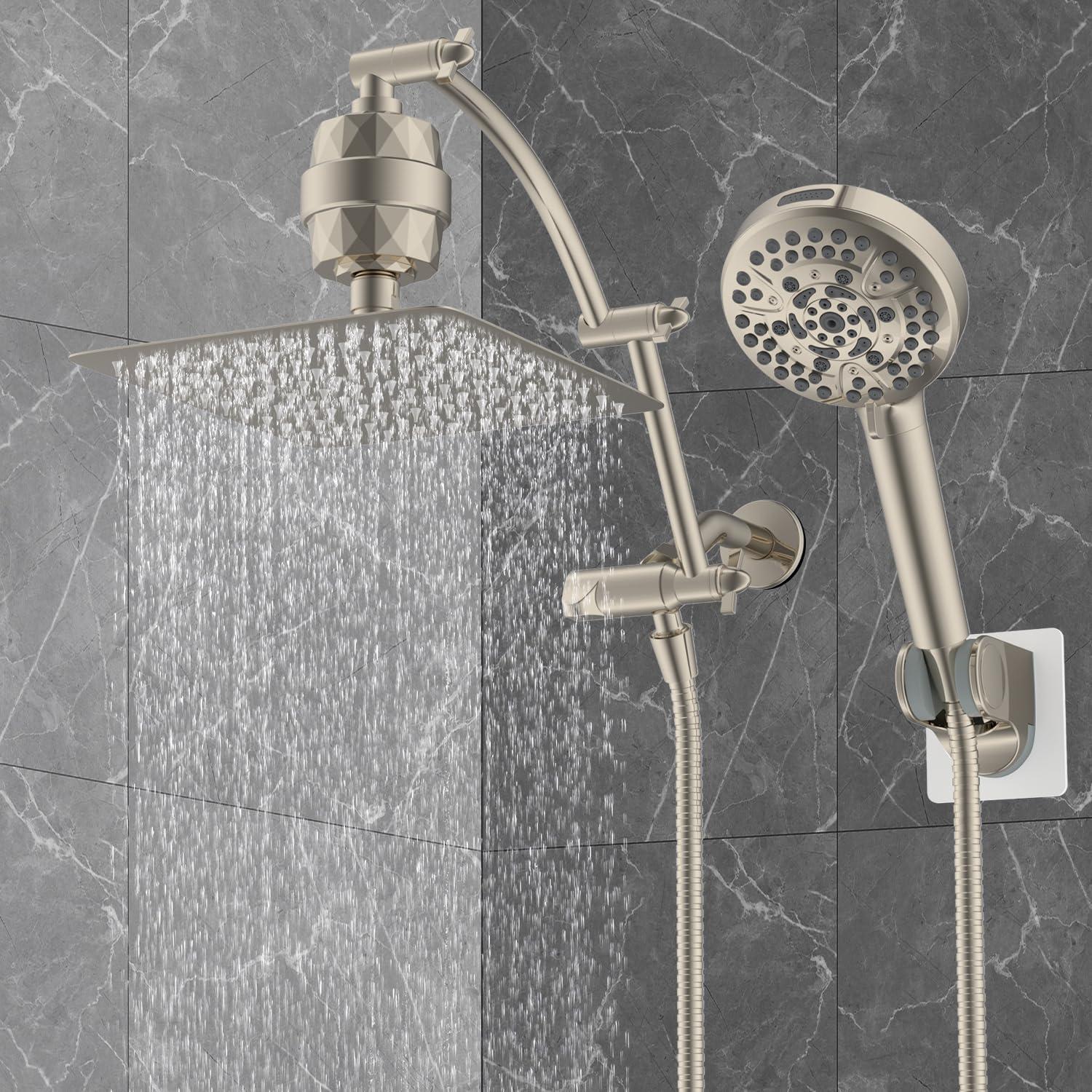 Brushed Nickel Dual Head Rainfall Shower Combo with Filter