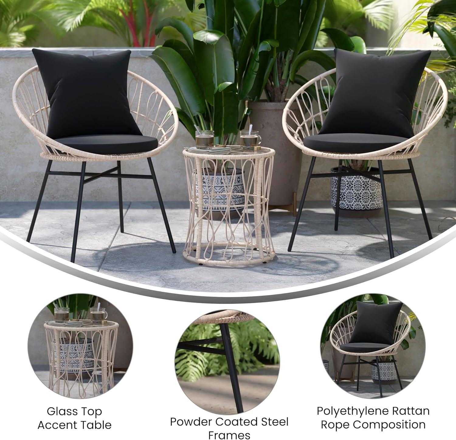 Taylor & Logan Fielder 3-Piece Tan Indoor/Outdoor Bistro Set with Papasan Style Rattan Rope Chairs, Glass Top Side Table & Black Cushions