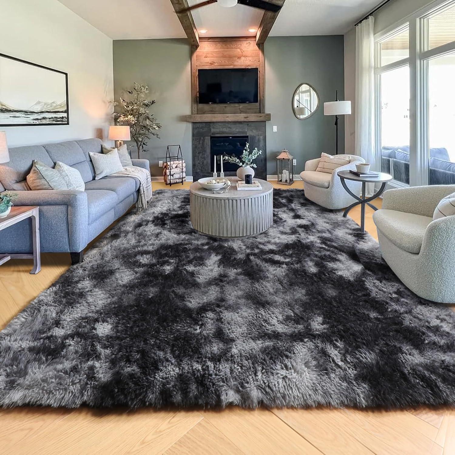 PAGISOFE Abstract Shaggy Area Rug 4' x 6' Plush Furry Rugs for Living Room, Tie-Dyed Dark Grey Soft Fluffy Rugs for Bedroom Grils Boys, Fuzzy Rugs for Nursery, Dorm. Shag Carpet for Kids Room Decor