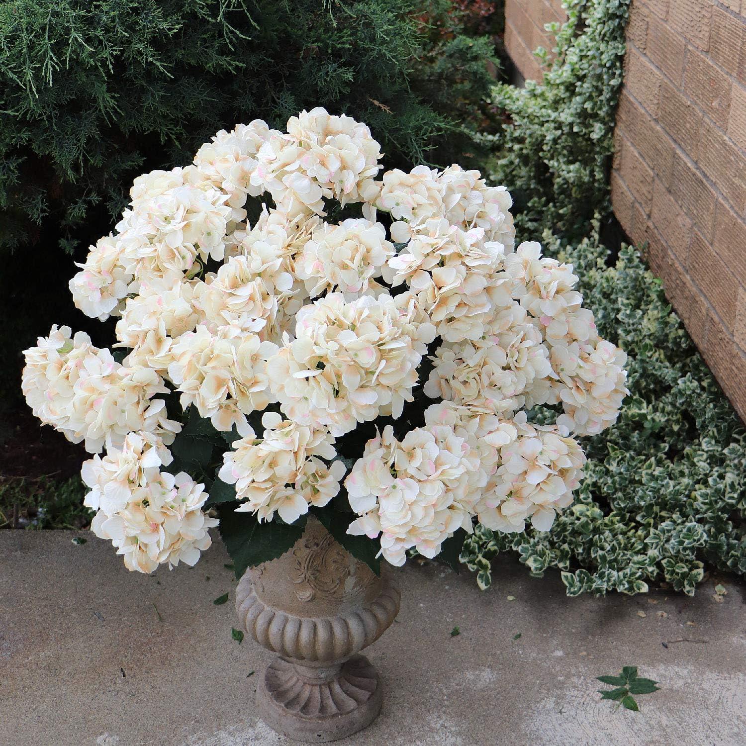 Beige Silk Hydrangea Bush with Adjustable Stems and Green Leaves