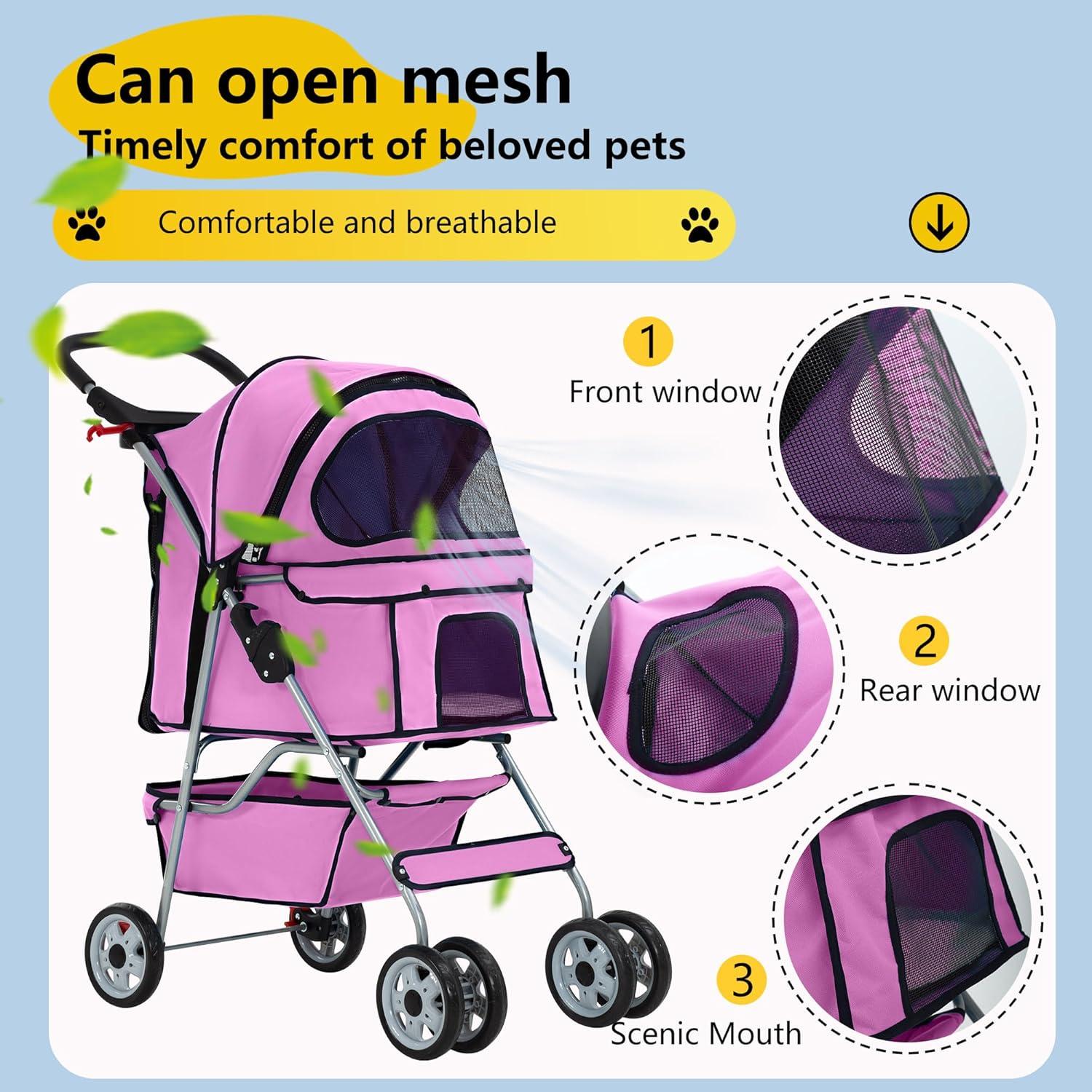 4 Wheels Pet Stroller Cat Dog Cage Stroller Travel Folding Carrier with Cup Holders and Removable Liner for Small-Medium Dog, Cat (Pink)