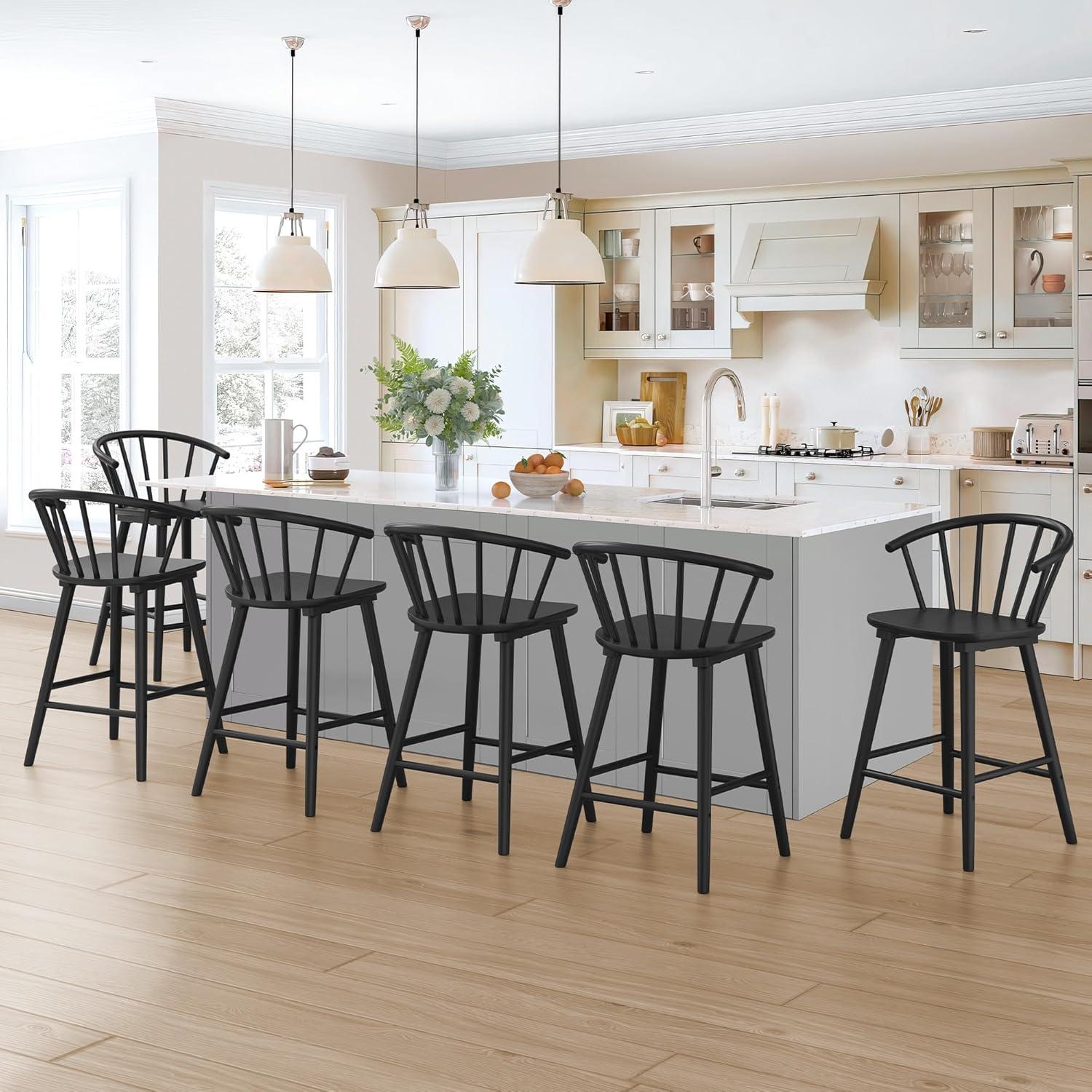 Winson Windsor 24 in. Black Solid Wood Bar Stool for Kitchen Island Counter Stool with Spindle Back Set of 6