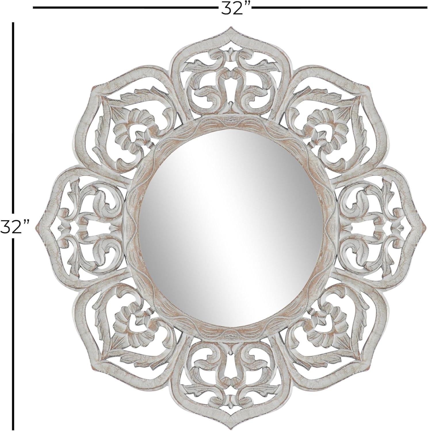 DecMode 32" x 32" White Carved Floral Wall Mirror with Cutout Design