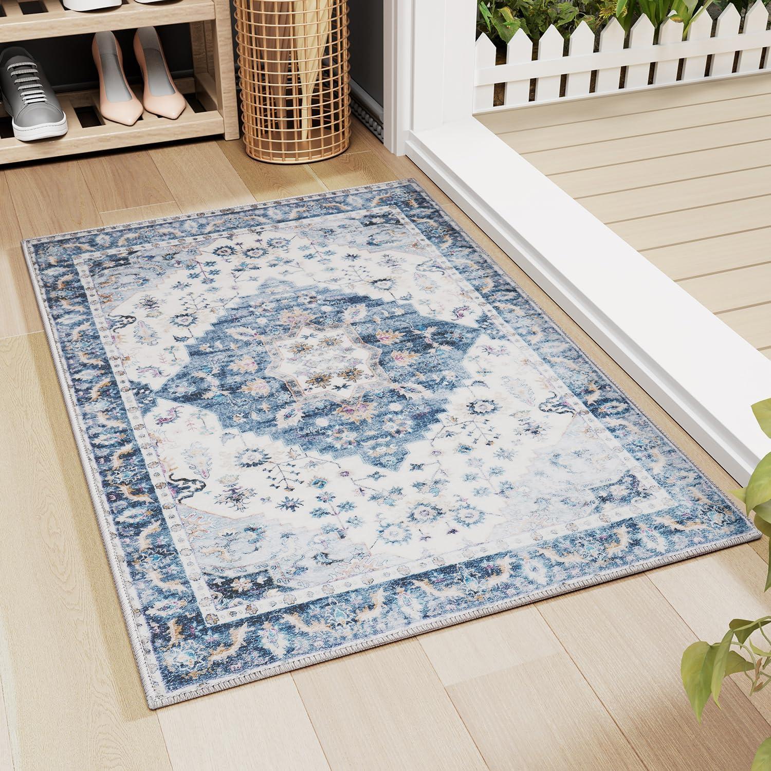 Hasoo 3' x 5' Area Rug Medallion Print Distressed Entryway Rug Persian Soft Foldable Accent Rug for Bedroom Living Room, Blue