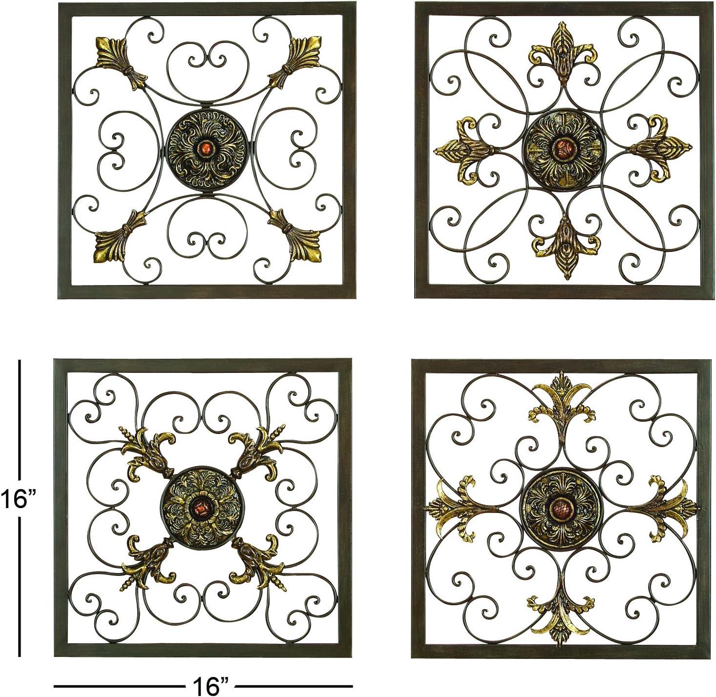 DecMode Rustic Brown Square Metal Wall Décor Set of 4 14"W x 14"H