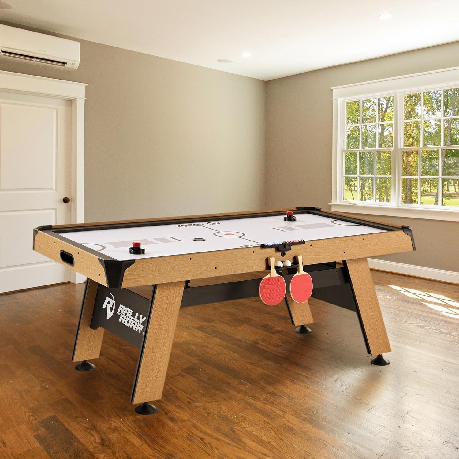 72-Inch Oak and Black Air Hockey Table with LED Scorer and Table Tennis Top