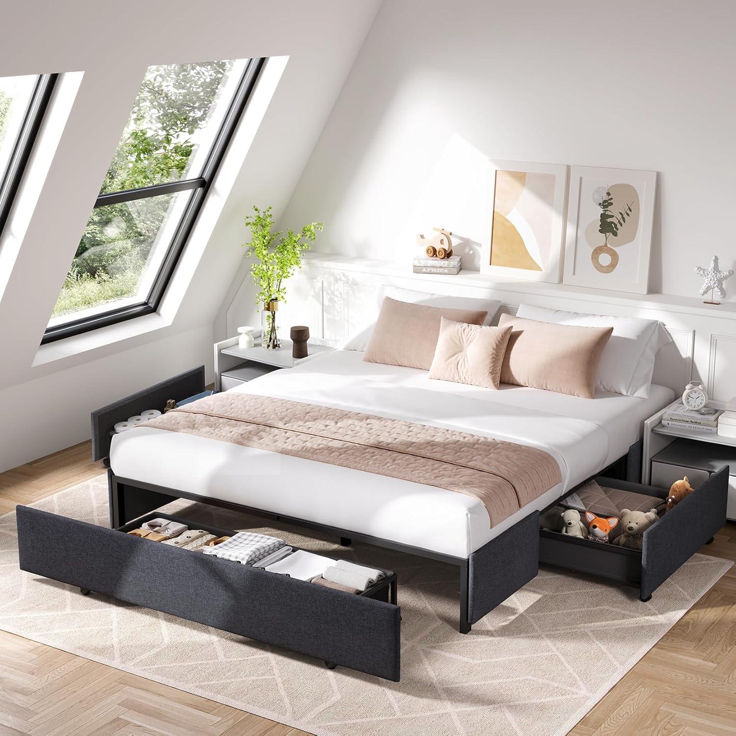 Amolife Base de Cama con Plataforma Tapizada Tamaño Queen con 3 Cajones de Almacenamiento, Gris Oscuro