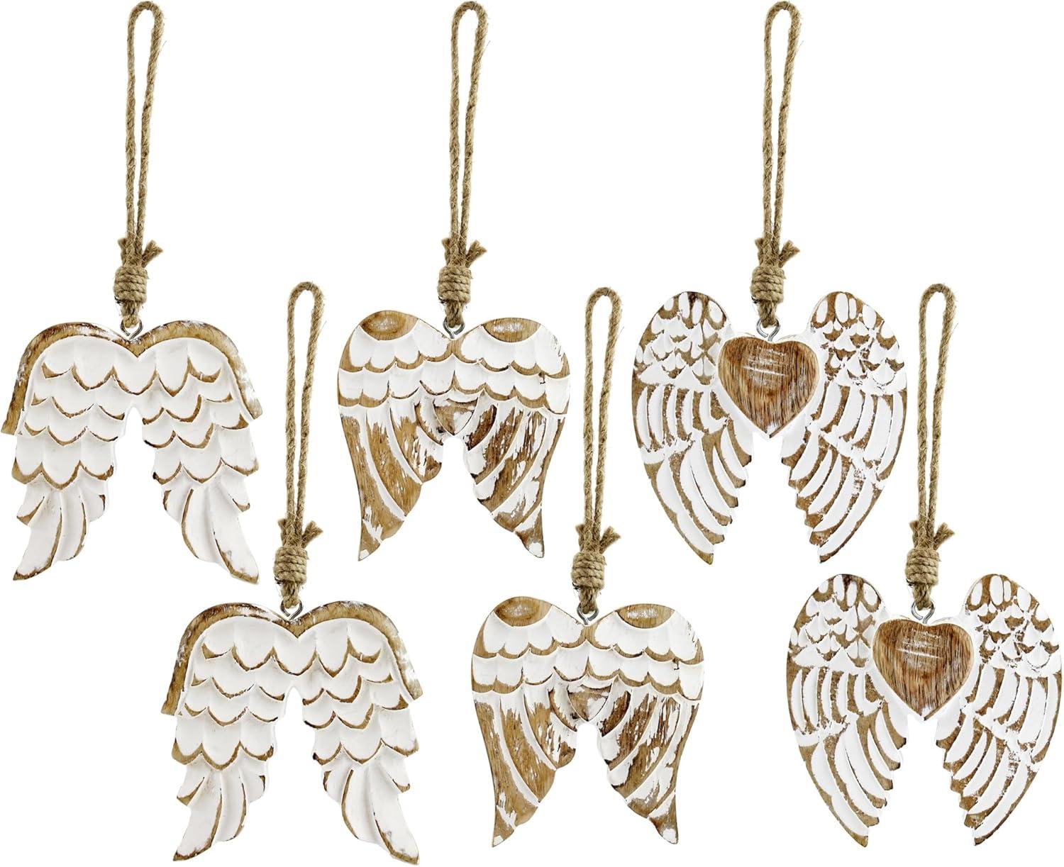 AuldHome Design Angel Wing Wooden Ornaments Set of 6; Farmhouse Rustic Carved Wood Christmas Decorations