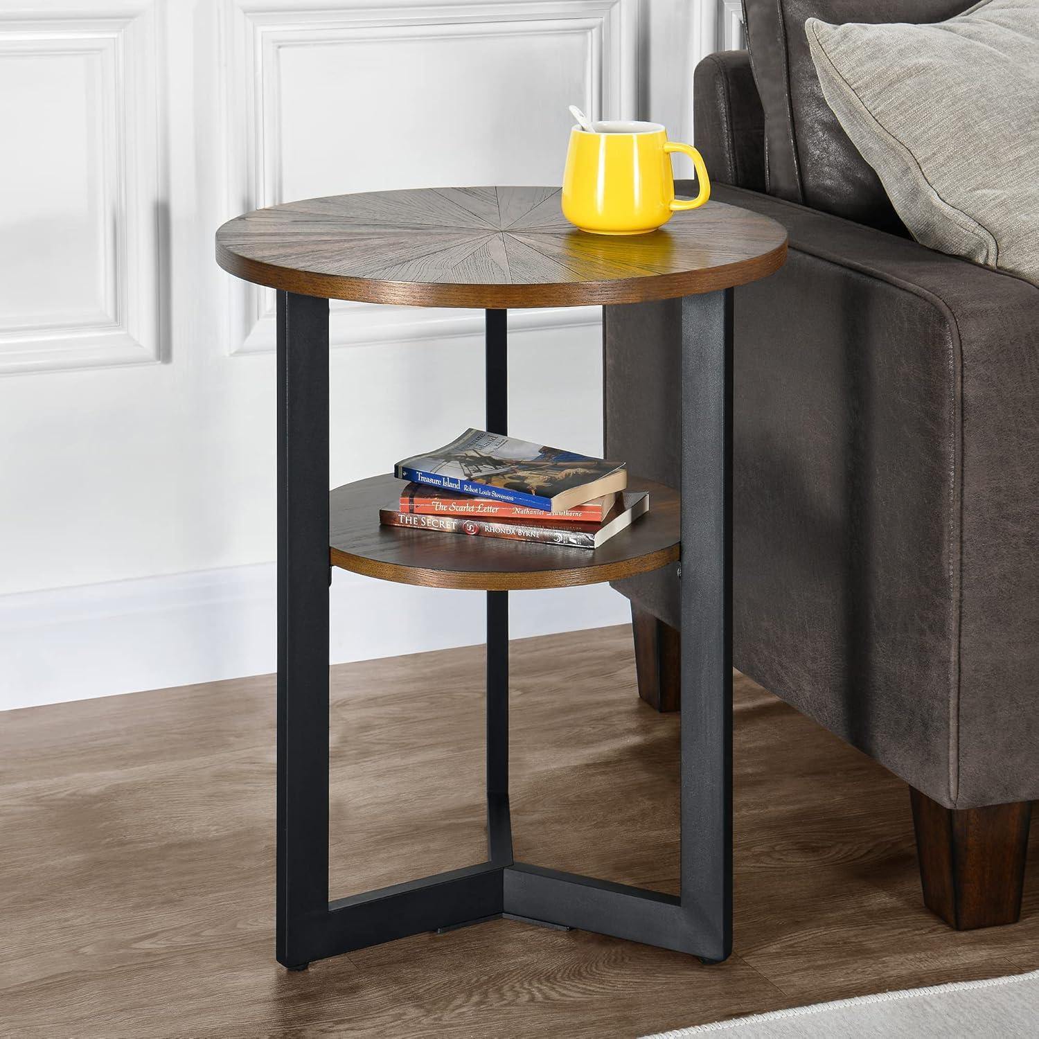 Rustic Brown Round Wood and Metal End Table with Storage