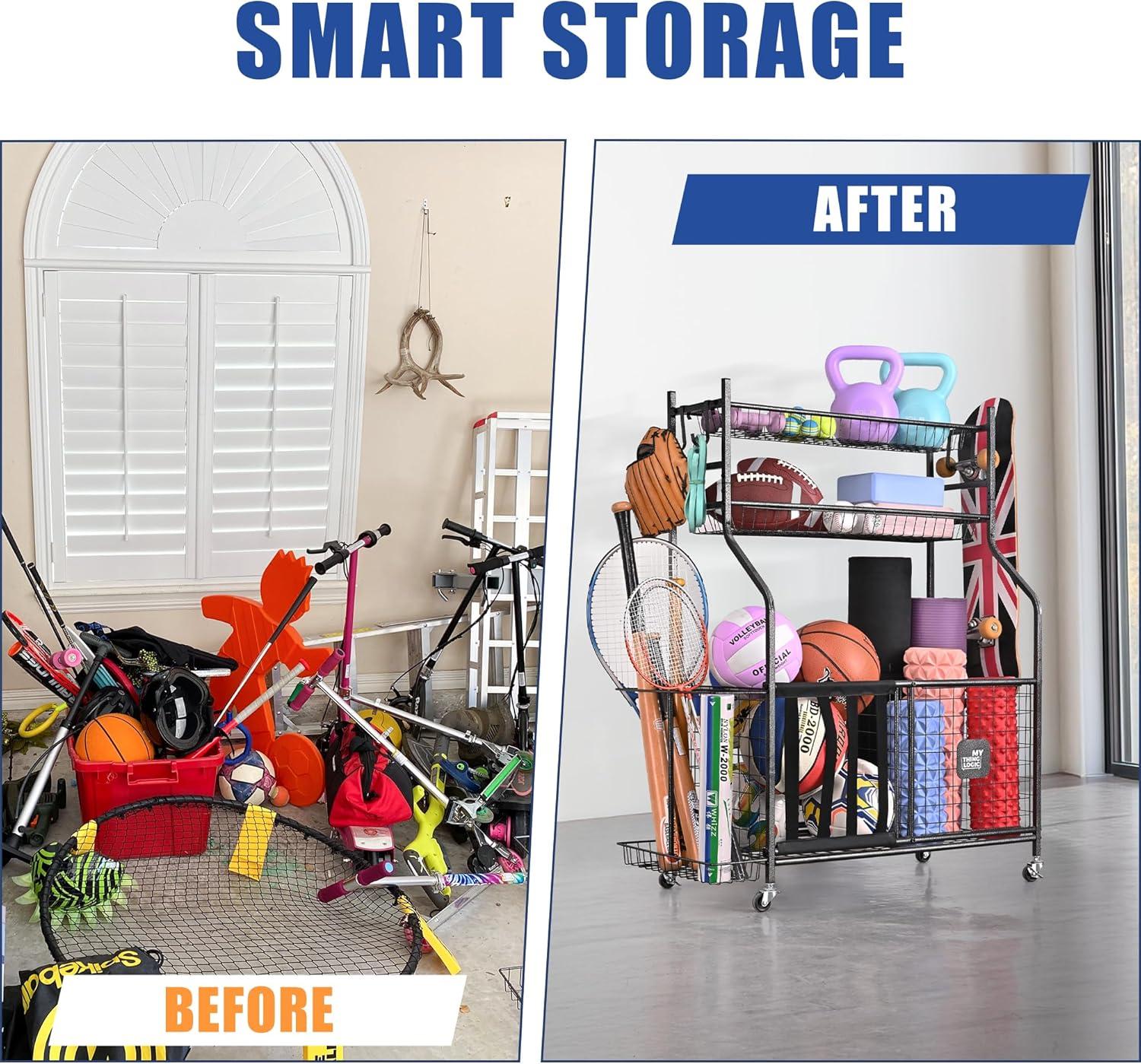 Mythinglogic Garage Storage System, Garage Organizer with Baskets and Hooks, Sports Equipment Organizer for Sports Gear/Toys,Garage Ball Storage