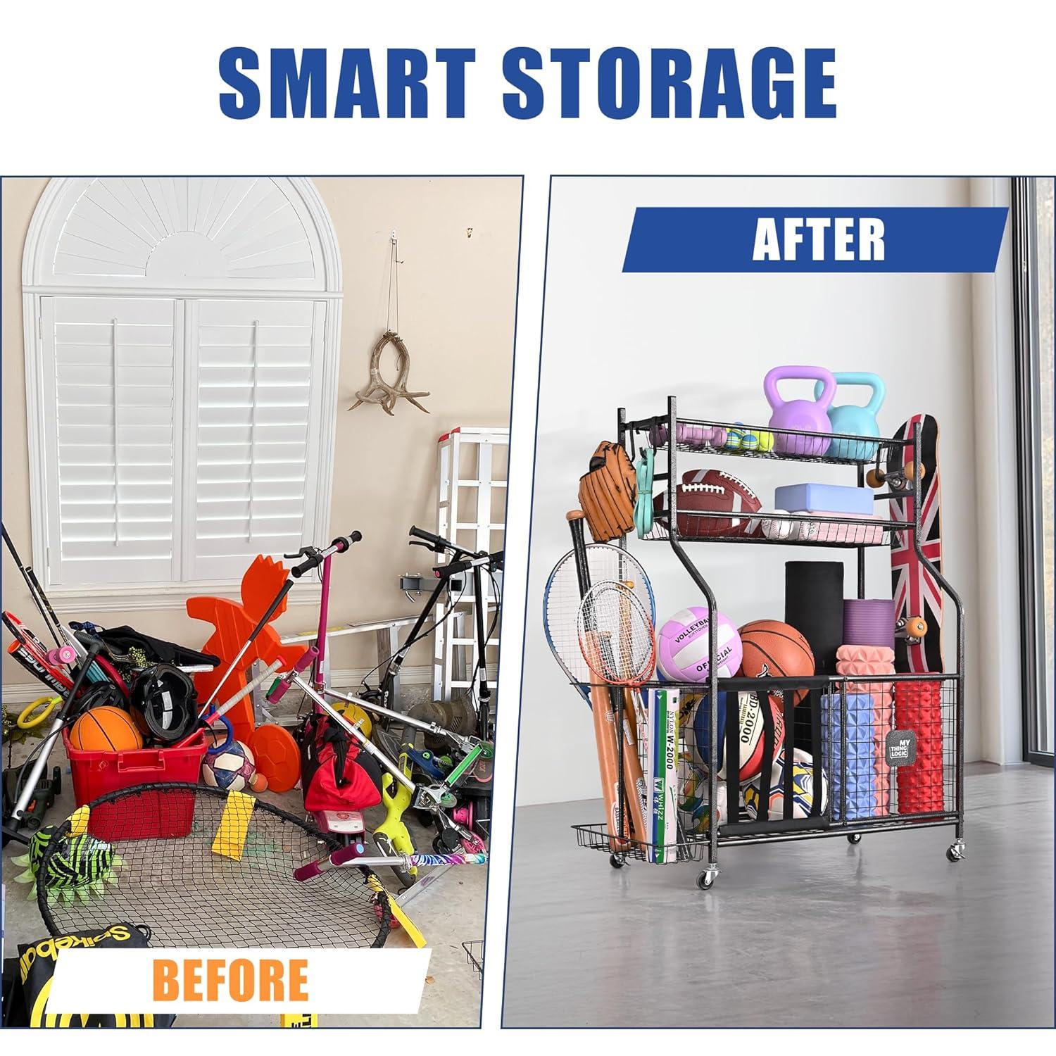 Mythinglogic Garage Storage System, Garage Organizer with Baskets and Hooks, Sports Equipment Organizer for Sports Gear/Toys,Garage Ball Storage