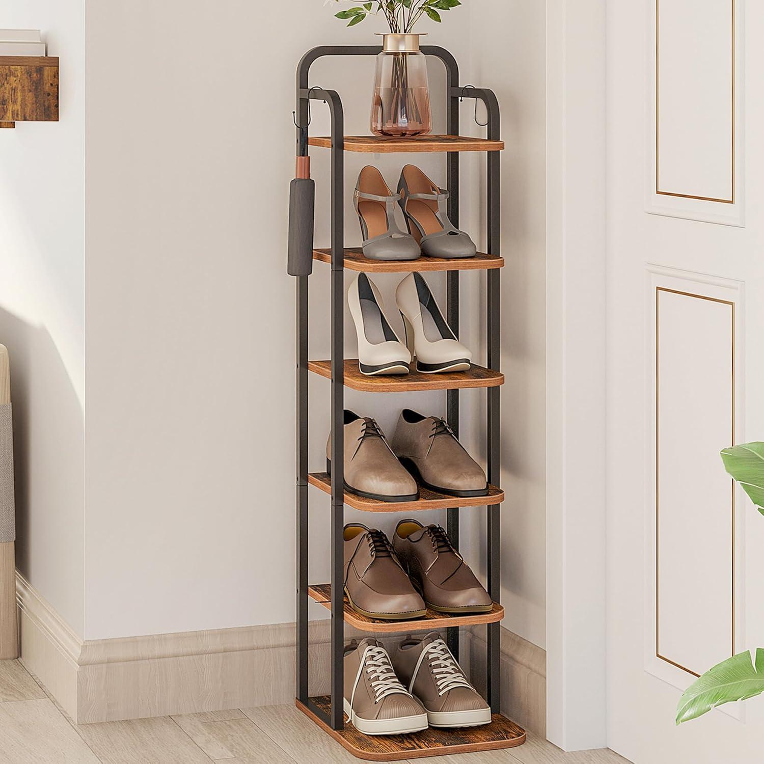 Vertical Shoe Rack, Shoe Shelves, Wood Shoe Organizer For Closet, Entryway, Shoe Tower For Small Spaces, Free Standing, Adjustable, With 2 Hooks, 6 Tier Rustic Brown