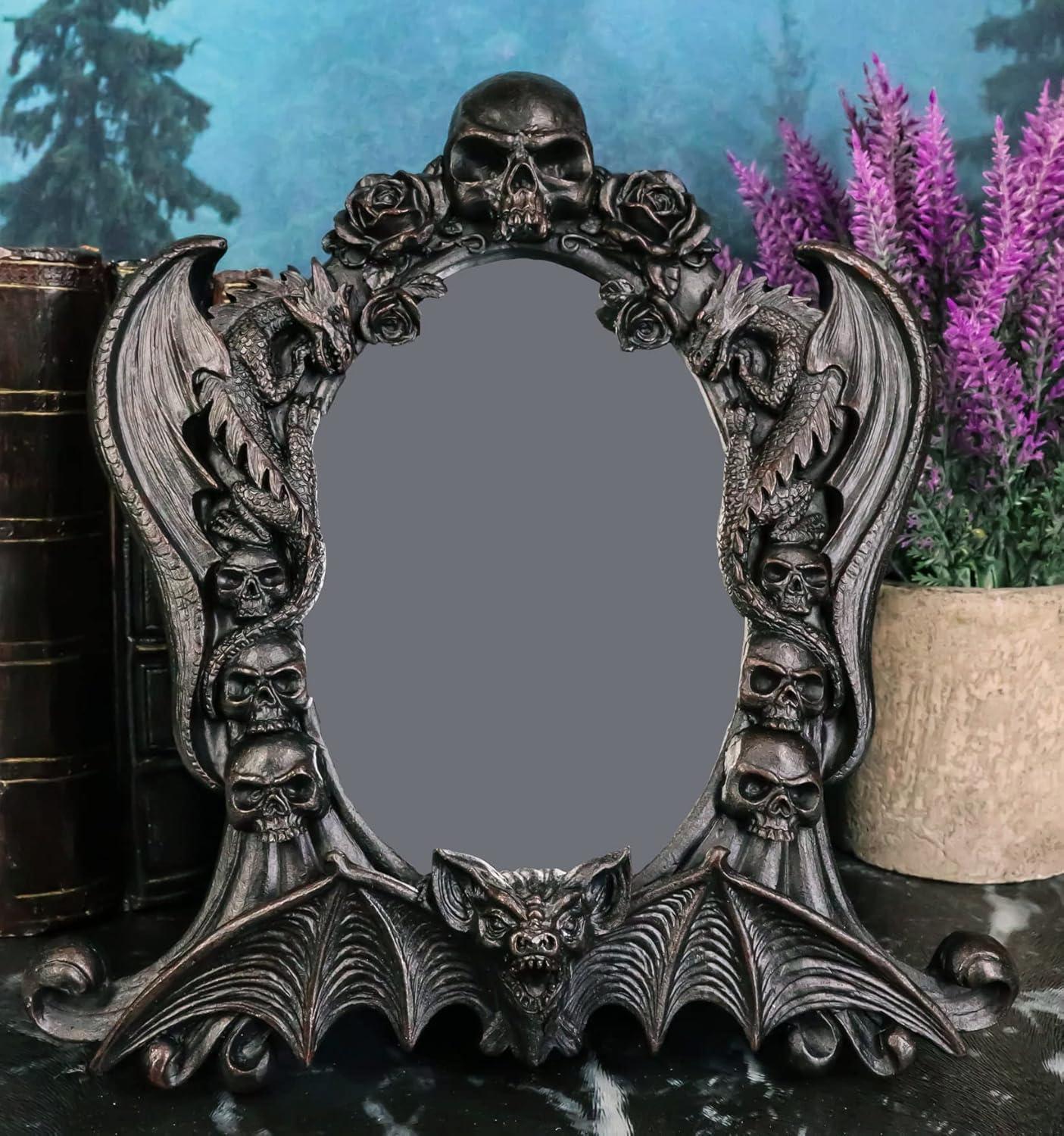 Gothic Black Resin Mirror with Skulls, Roses, and Bats