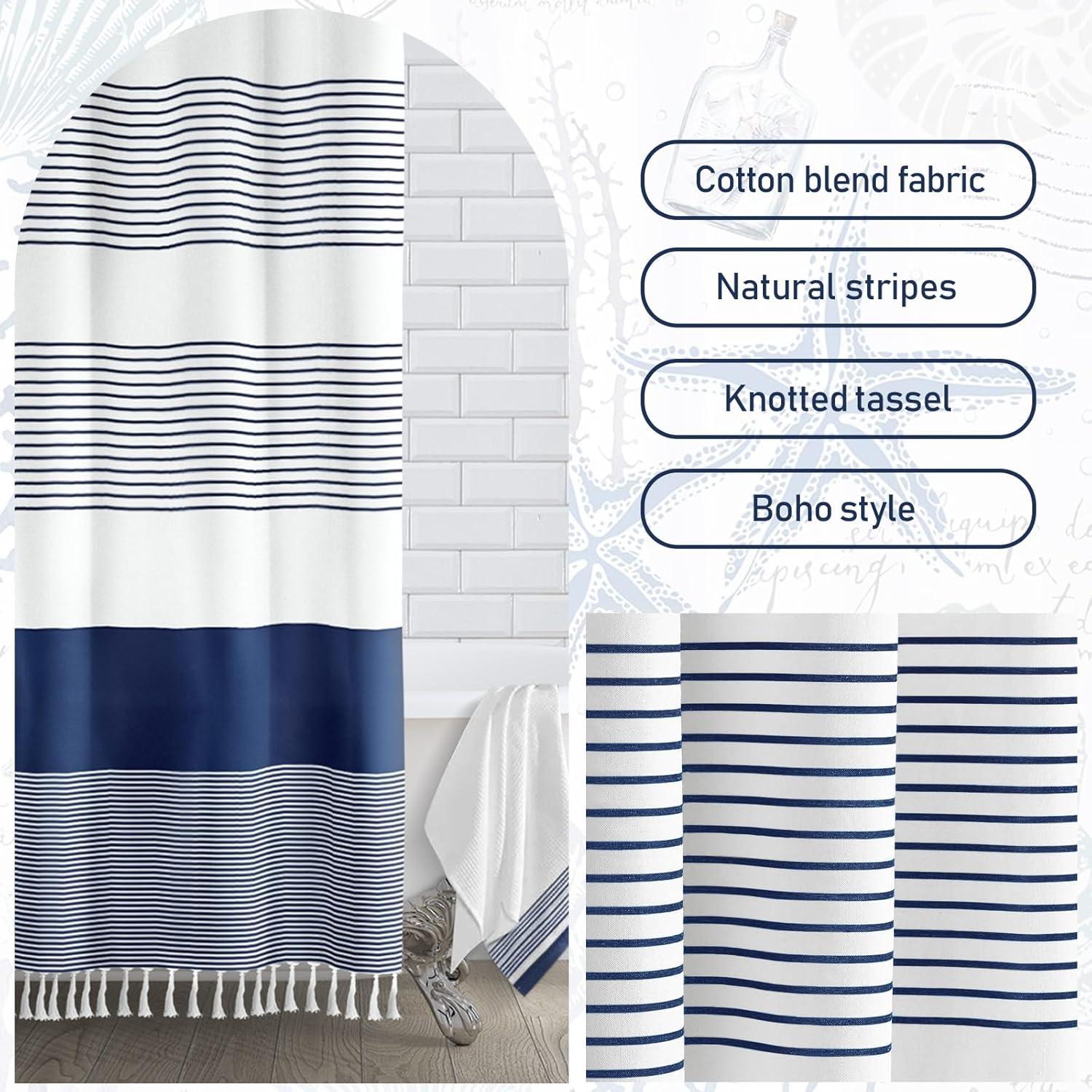 bufftieo Navy Blue and White Shower Curtain for Bathroom Boho Striped Fabric Modern Farmhouse Tassel Shower Curtain Sets - 72" x 72"