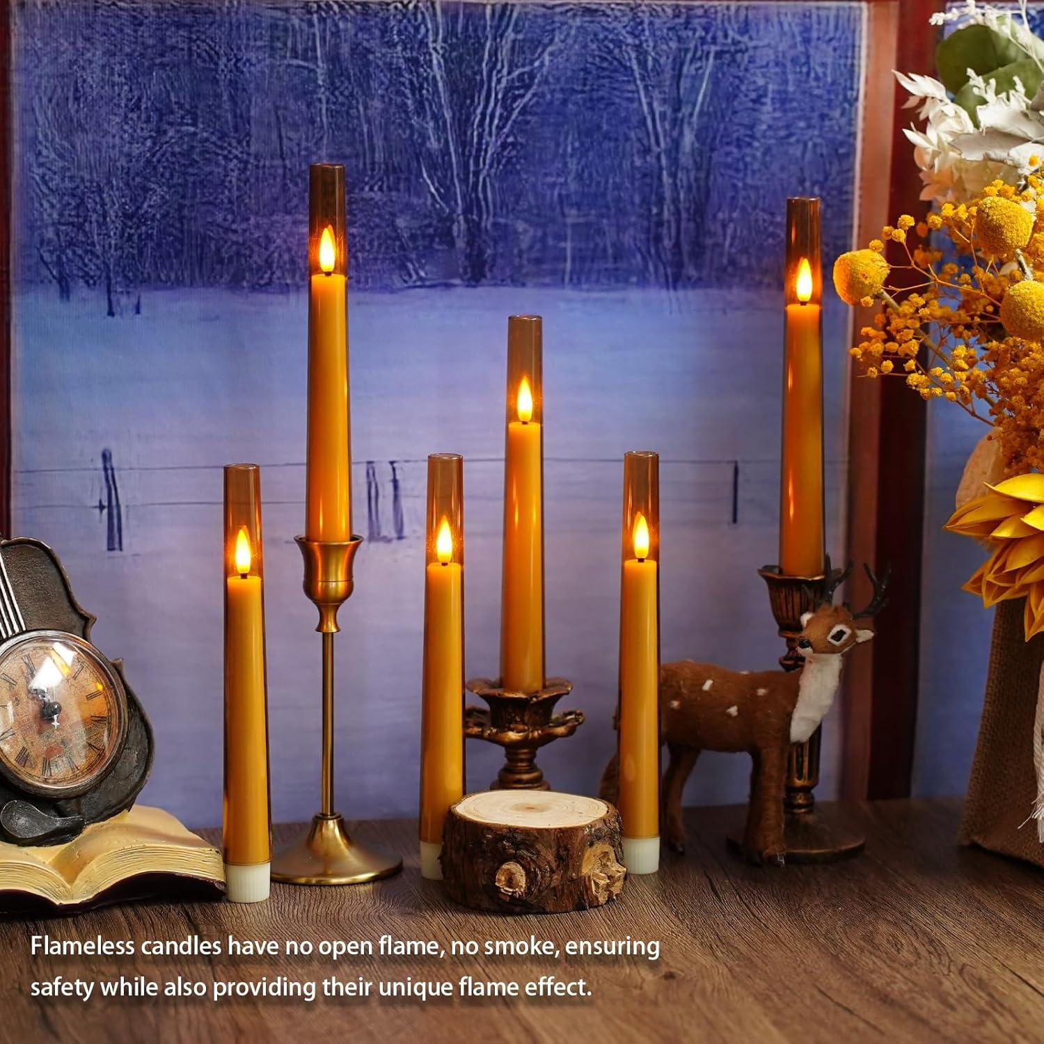 6pcs Waxy Flameless Taper Candles with Remote, Led Flameless Candlesticks Classic Tall Taper Candles with Holders Flickering Battery Operated Taper Candles for Bedroom Dining Room