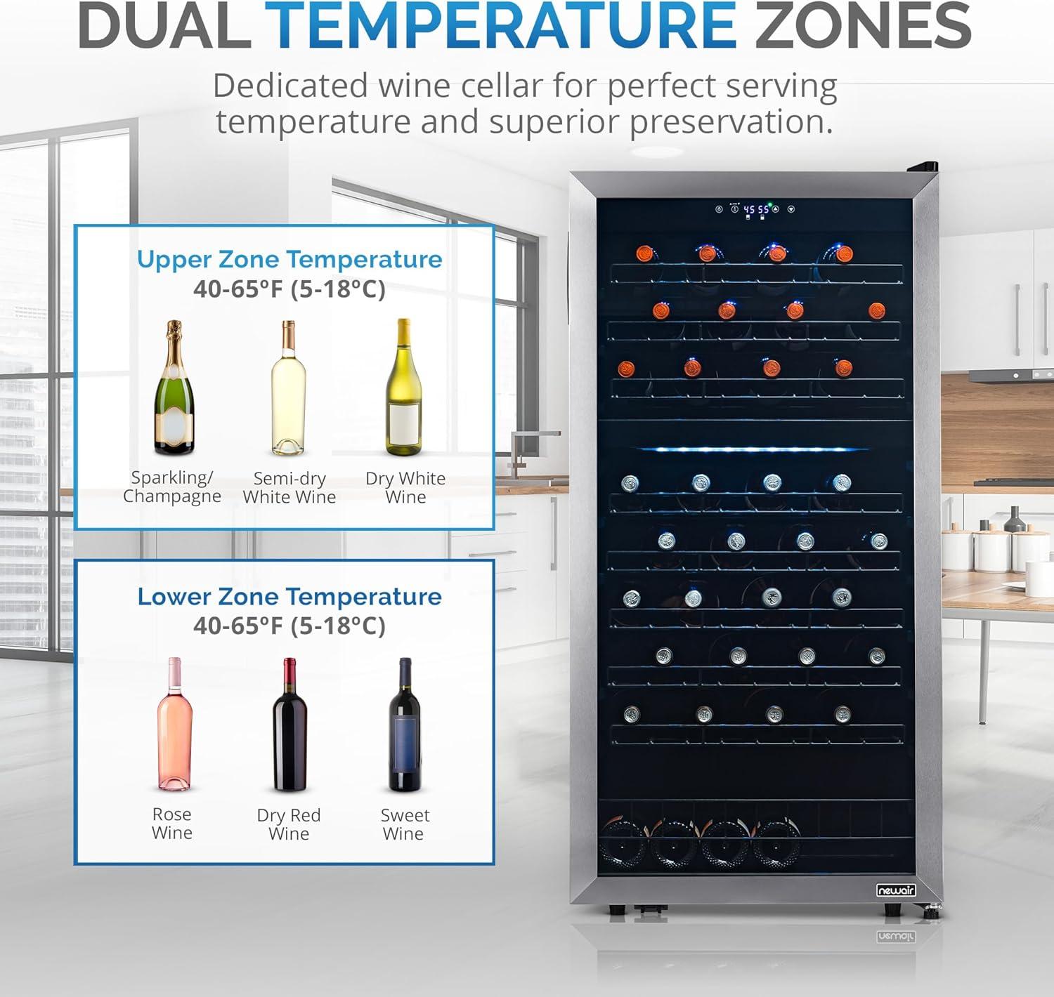 Newair 76 Bottle Dual Zone Freestanding Wine Refrigerator in Stainless Steel