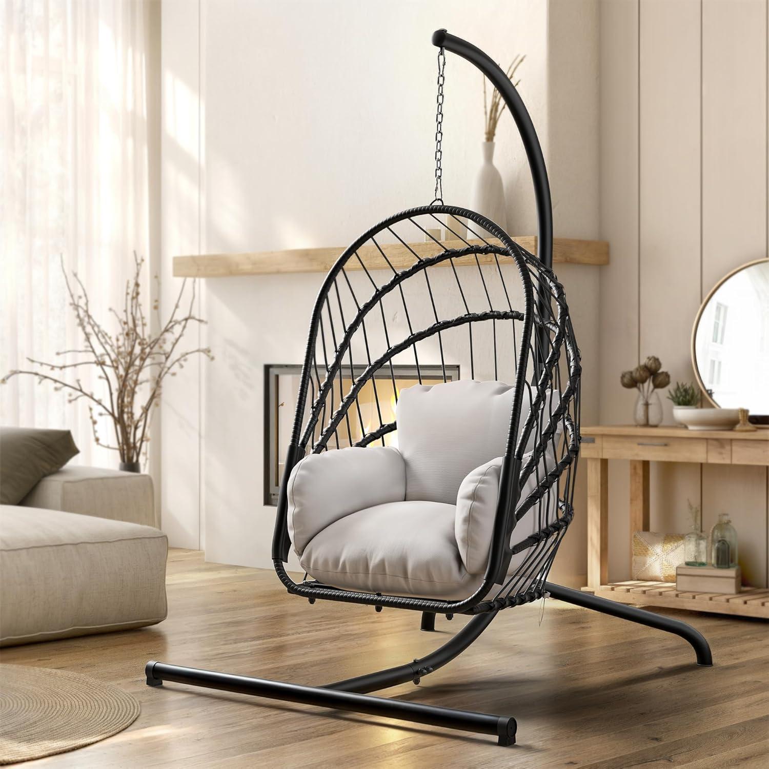 YITAHOME Hanging Egg Chair with Stand, Rattan Wicker Swing Egg Chair with Resistant Cushion, 370lbs Capacity, Foldable Hanging Basket Chair for Porch, Garden, Bedroom, Balcony - Grey