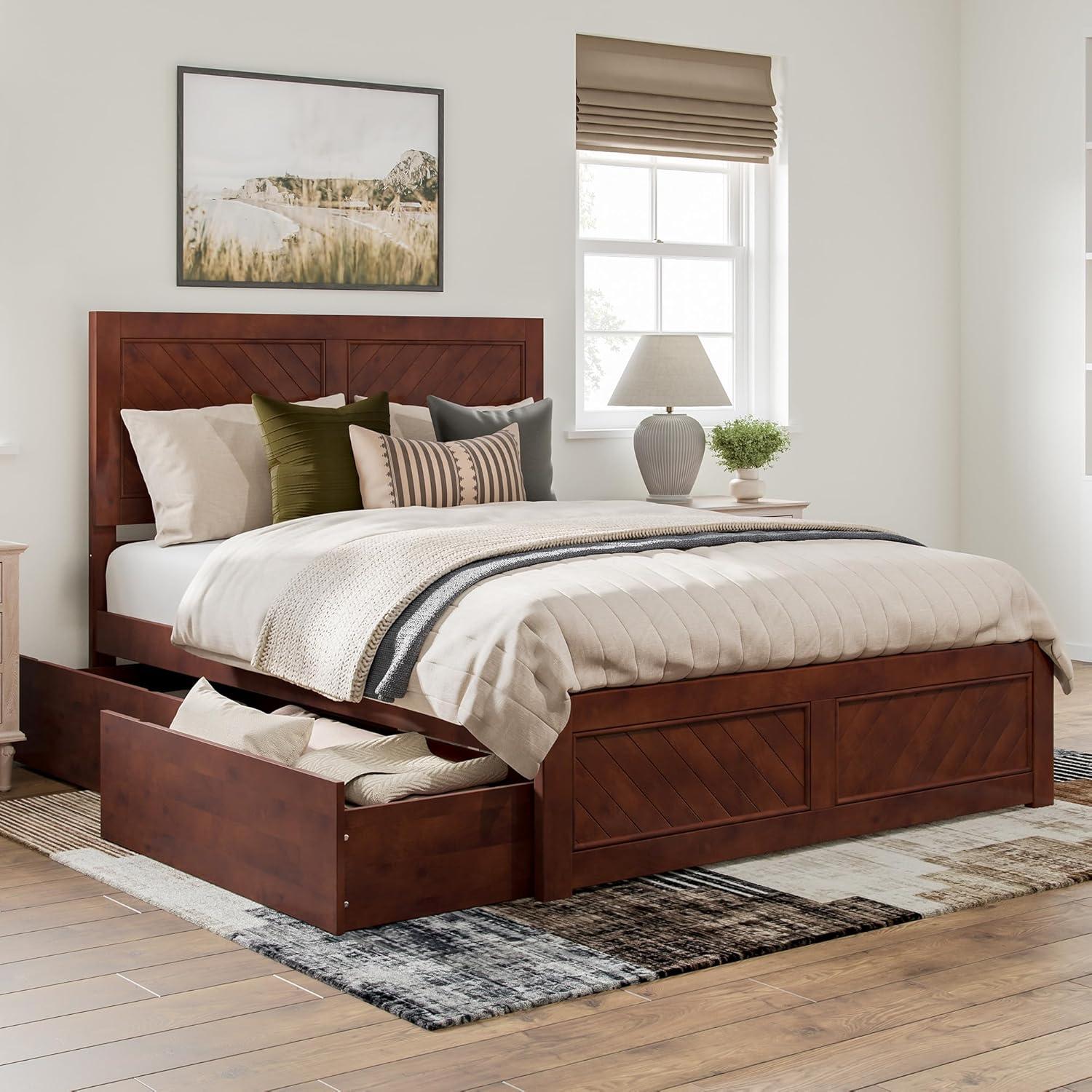 AFI Canyon Walnut Solid Wood Platform Bed with Matching Footboard & Storage Drawers, Queen