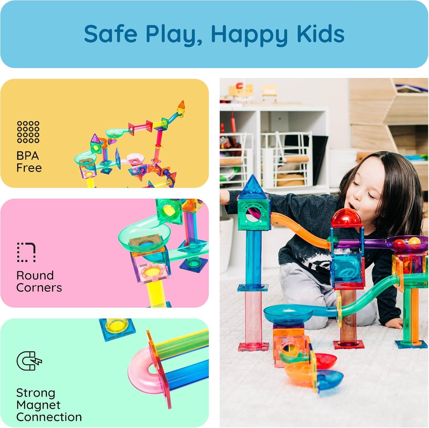 PICASSO-TILES Marble Run Race Track Set,  Magnetic Tiles, Building Blocks, STEM Toys for Kids, 120pc