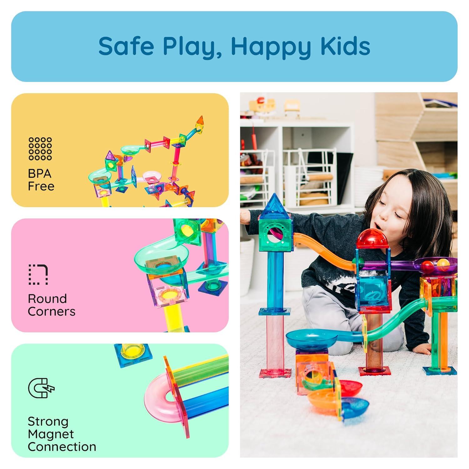 PICASSO-TILES Marble Run Race Track Set,  Magnetic Tiles, Building Blocks, STEM Toys for Kids, 120pc