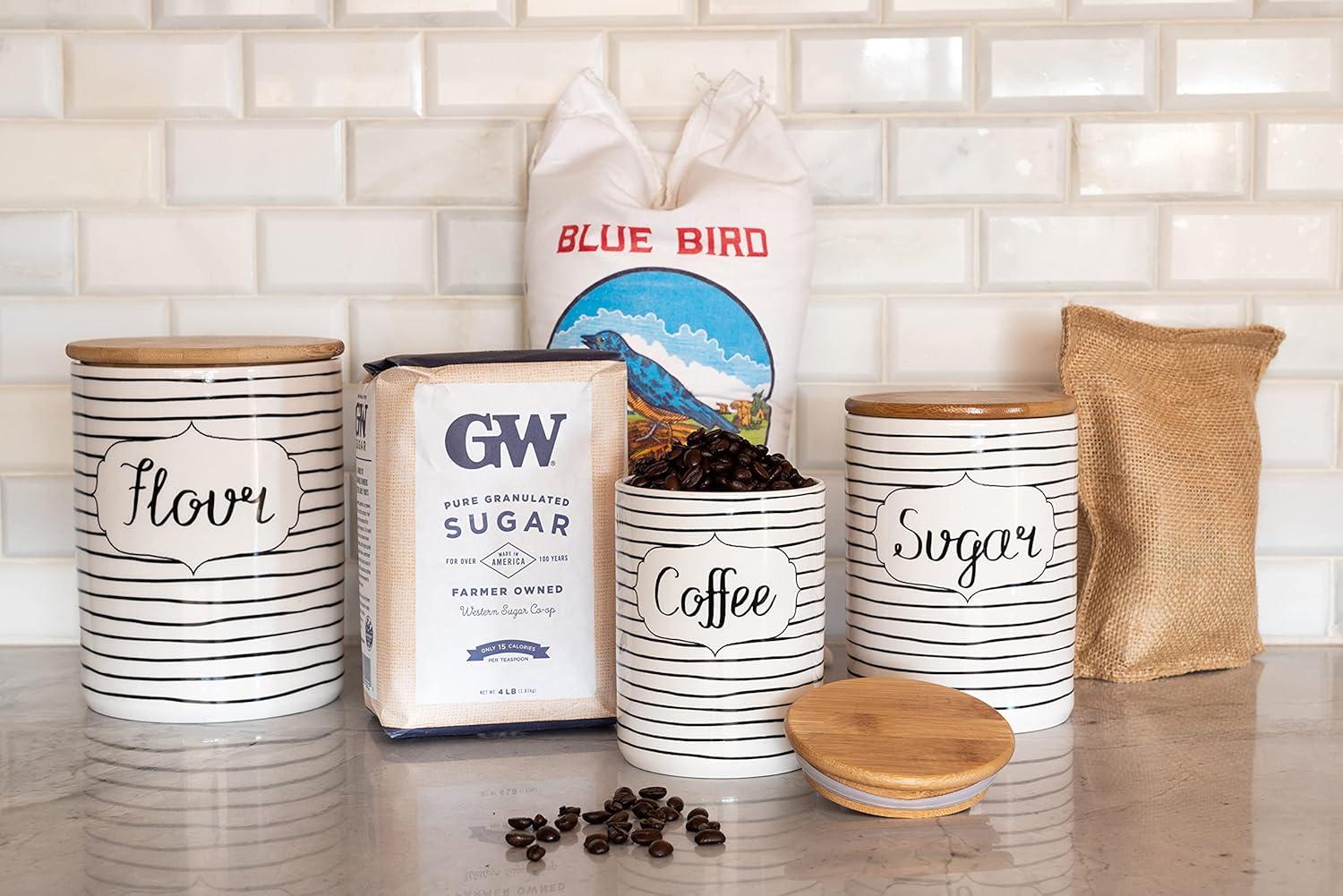 10 strawberry street everyday coffee, sugar, flour kitchen canister set, 3 piece, black/white