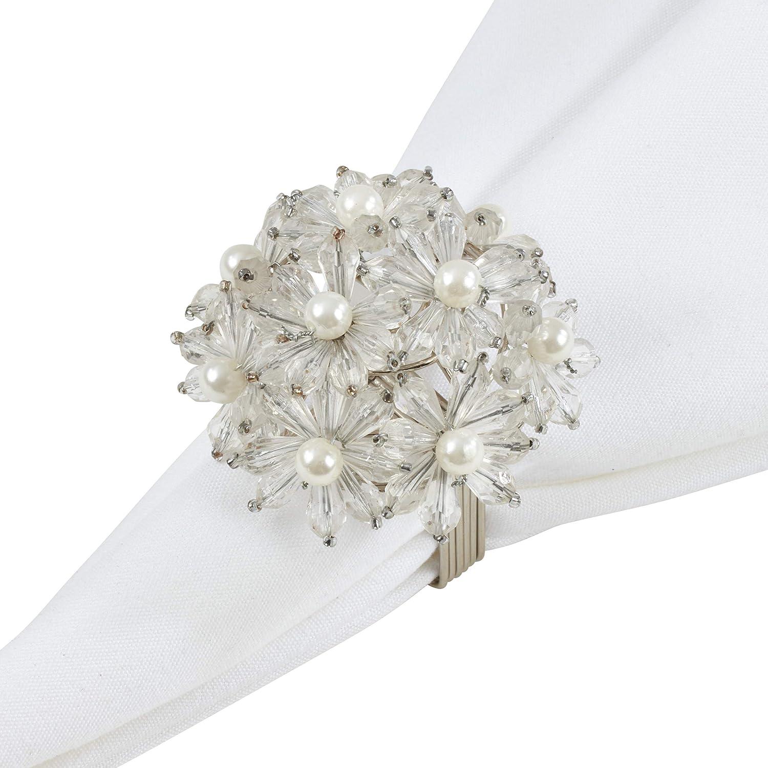 Saro Lifestyle Beaded Floral Design Napkin Rings (Set of 4), Clear