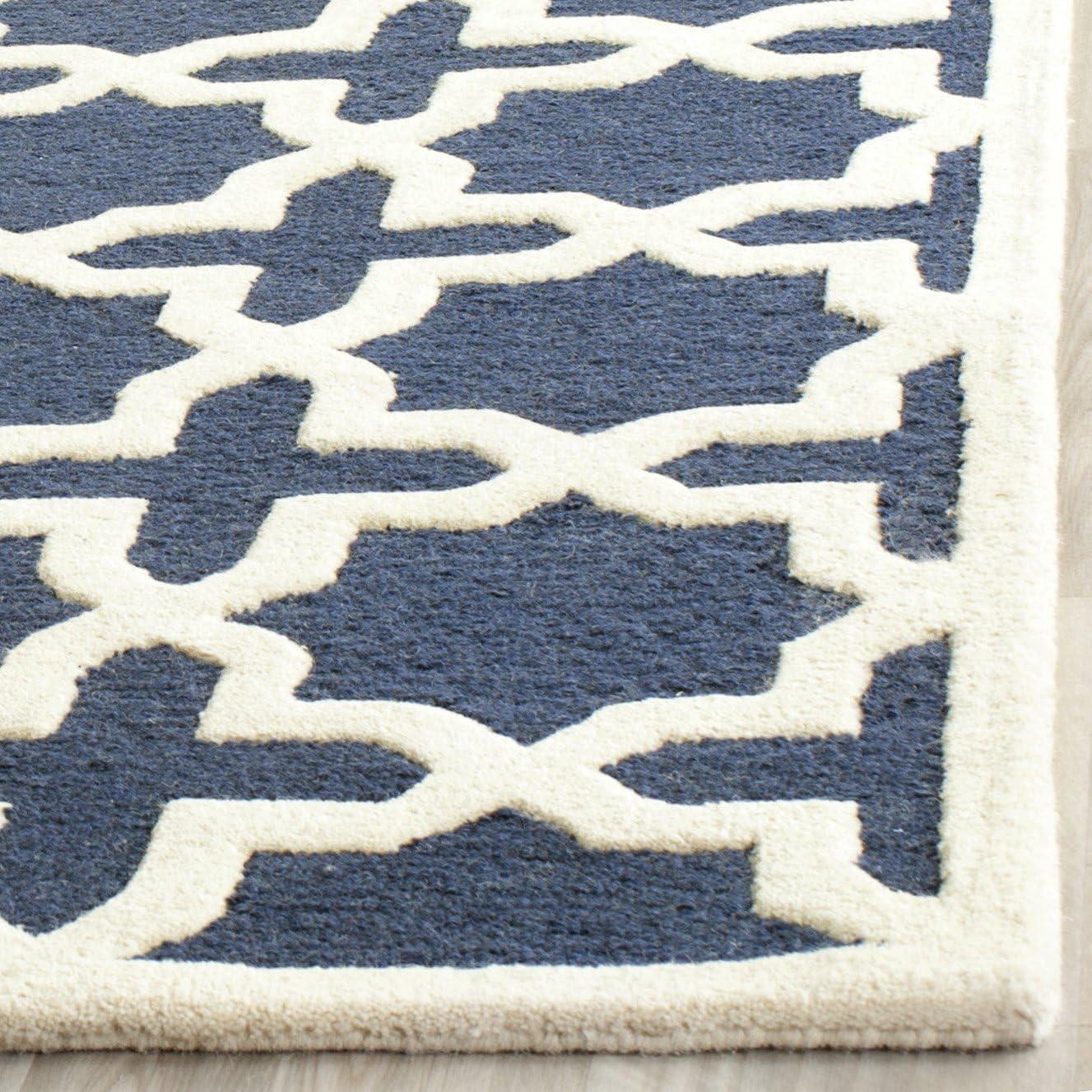 Navy Blue and Ivory Hand-Tufted Wool Runner Rug