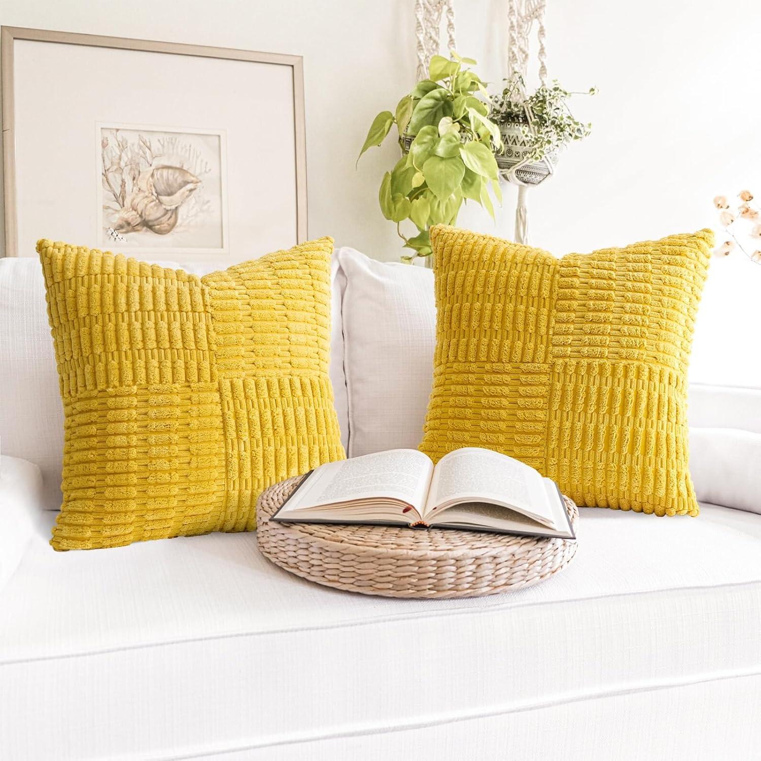 Mustard Yellow Corduroy Decorative Throw Pillow Covers 18x18 Inch