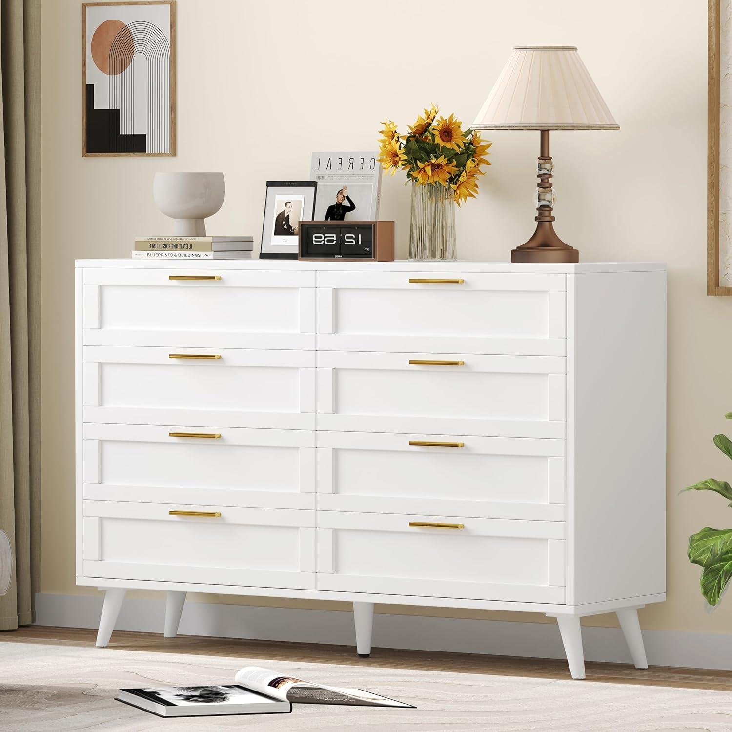 Rovaurx 8 Drawer Double Dresser Chest, Bedroom Chest of Dressers, Beside Table, White