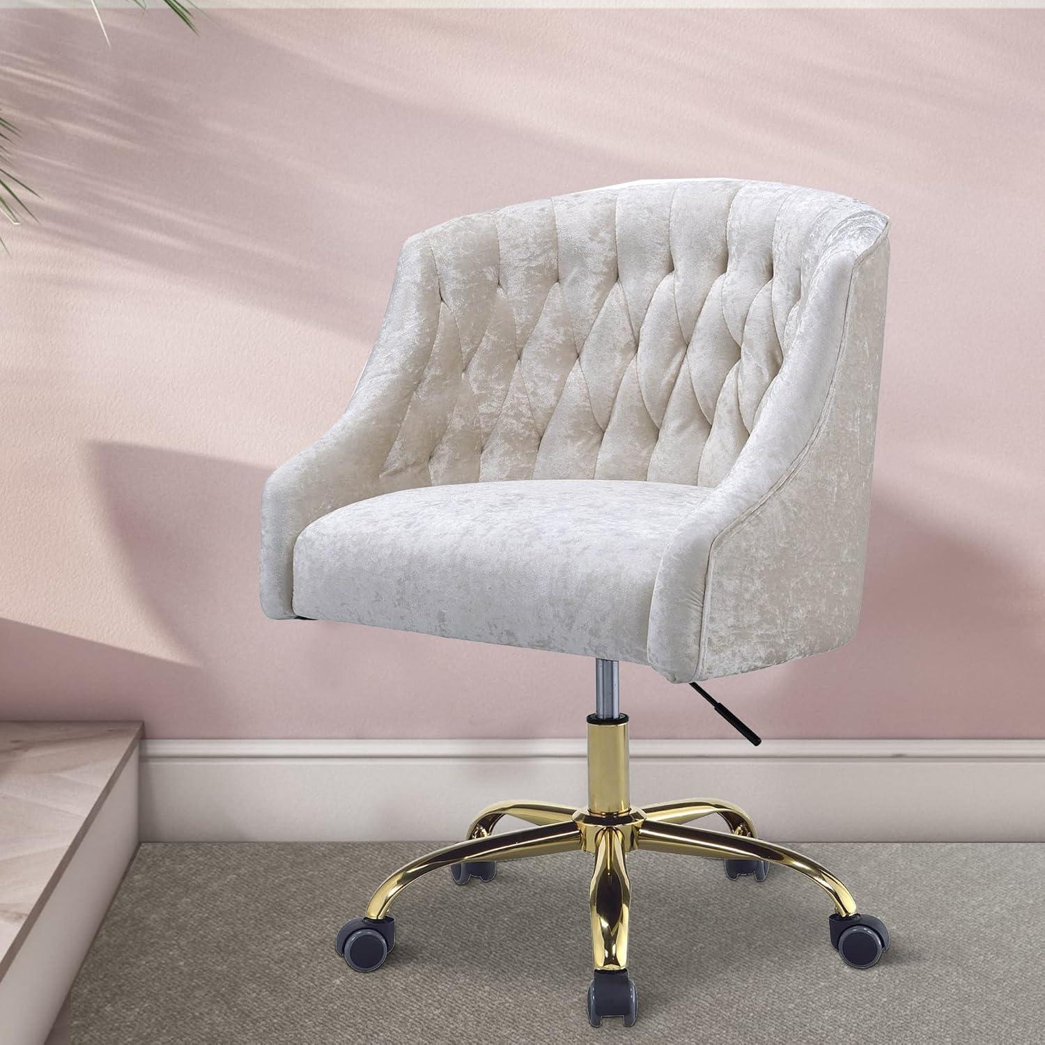 Benzara Swivel Velvet Upholstered Office Chair with Adjustable Height and Metal Base, Cream and Gold