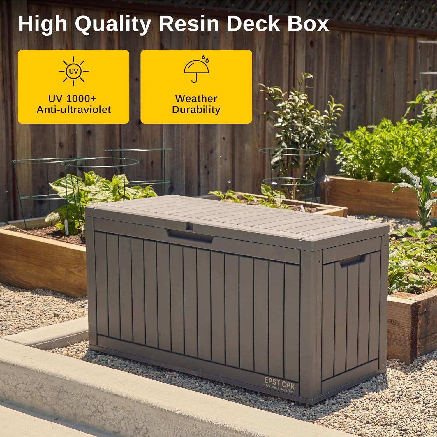 East Oak 60 gal Waterproof Resin Deck Box Gray: Easy-Move Handles, Secure Lock, Bench Seating