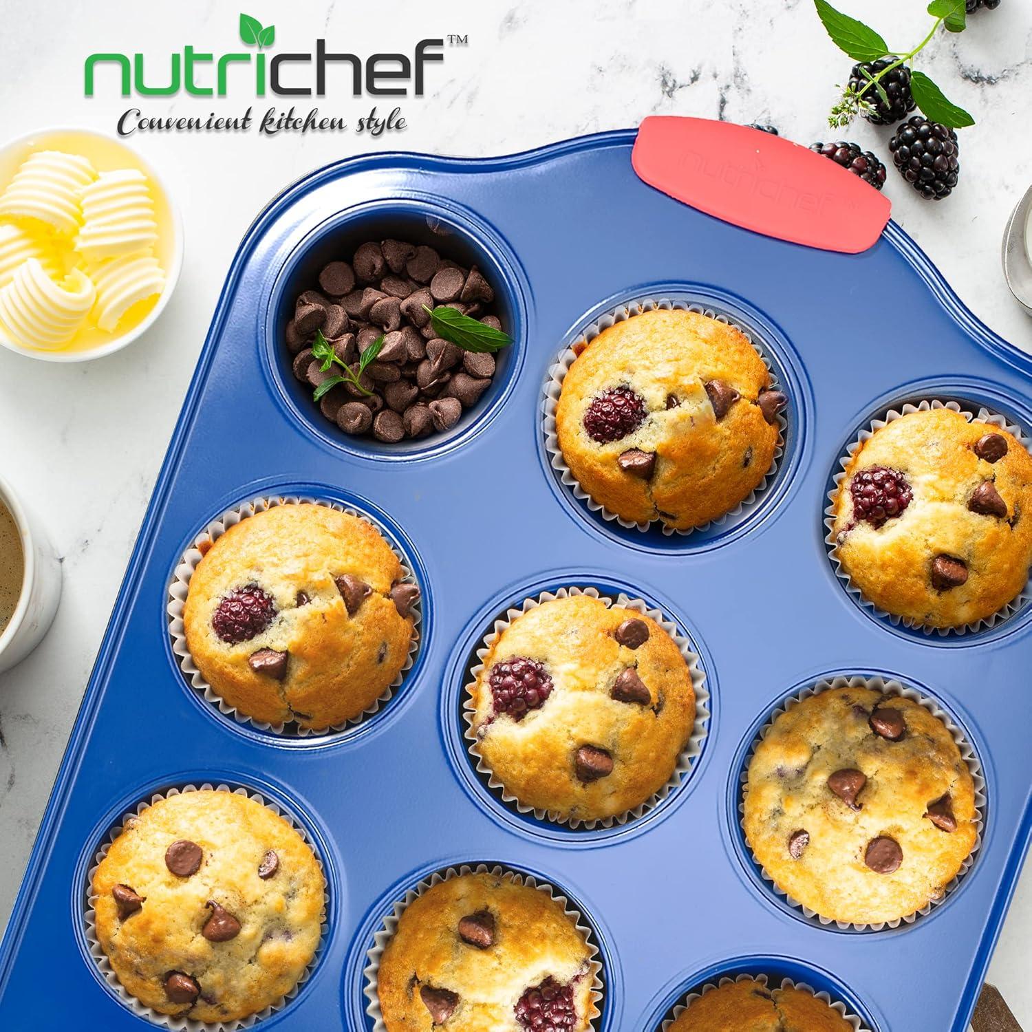 NutriChef 12 Cup Muffin Pan - Deluxe Nonstick Blue Coating Inside & Outside