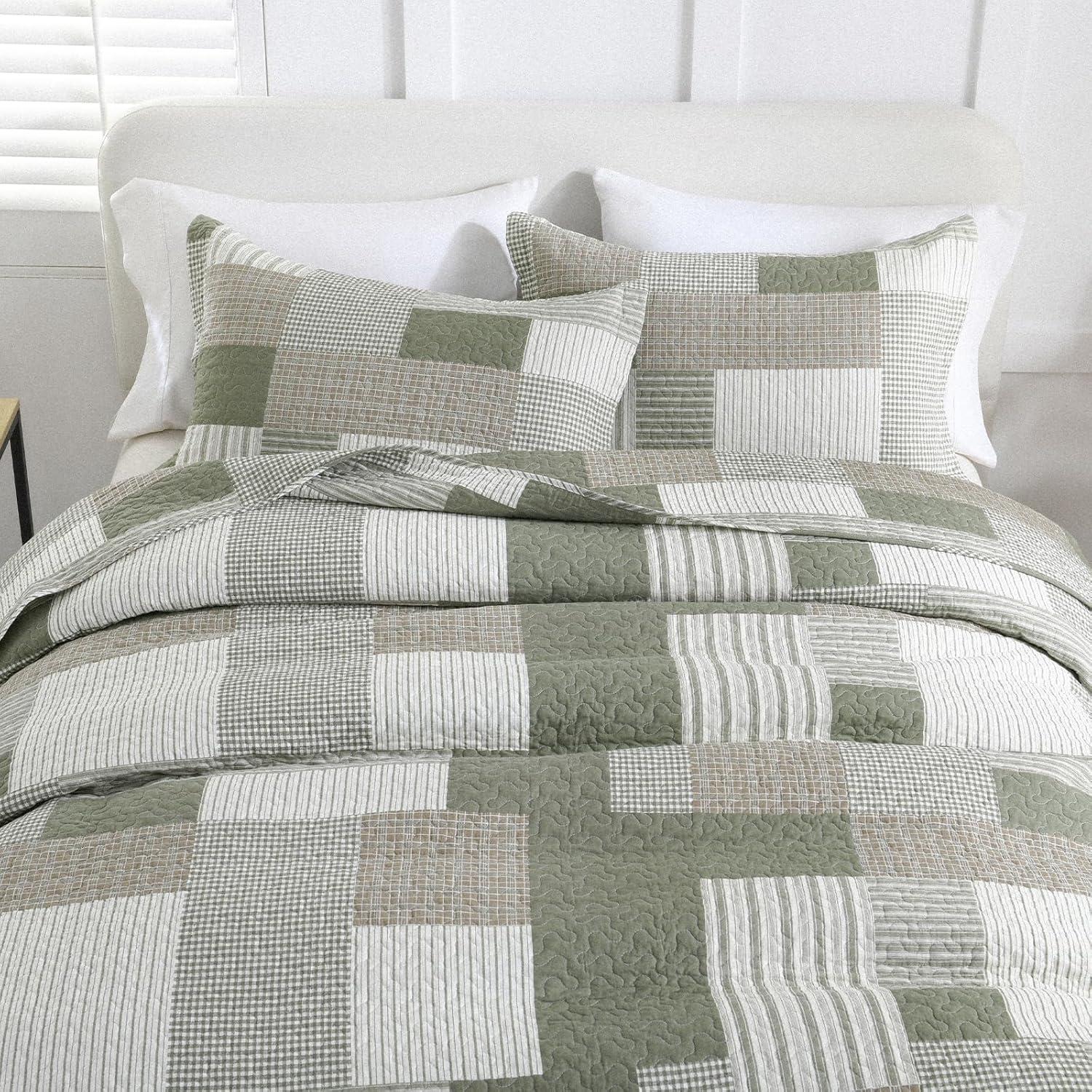 Y-PLWOMEN 100% Cotton Quilt King Size - Plaid Quilt Farmhouse Lightweight Quilted Bedspread, King Comforter Set, Soft Bed Spread for King Bed with Pillow Shams
