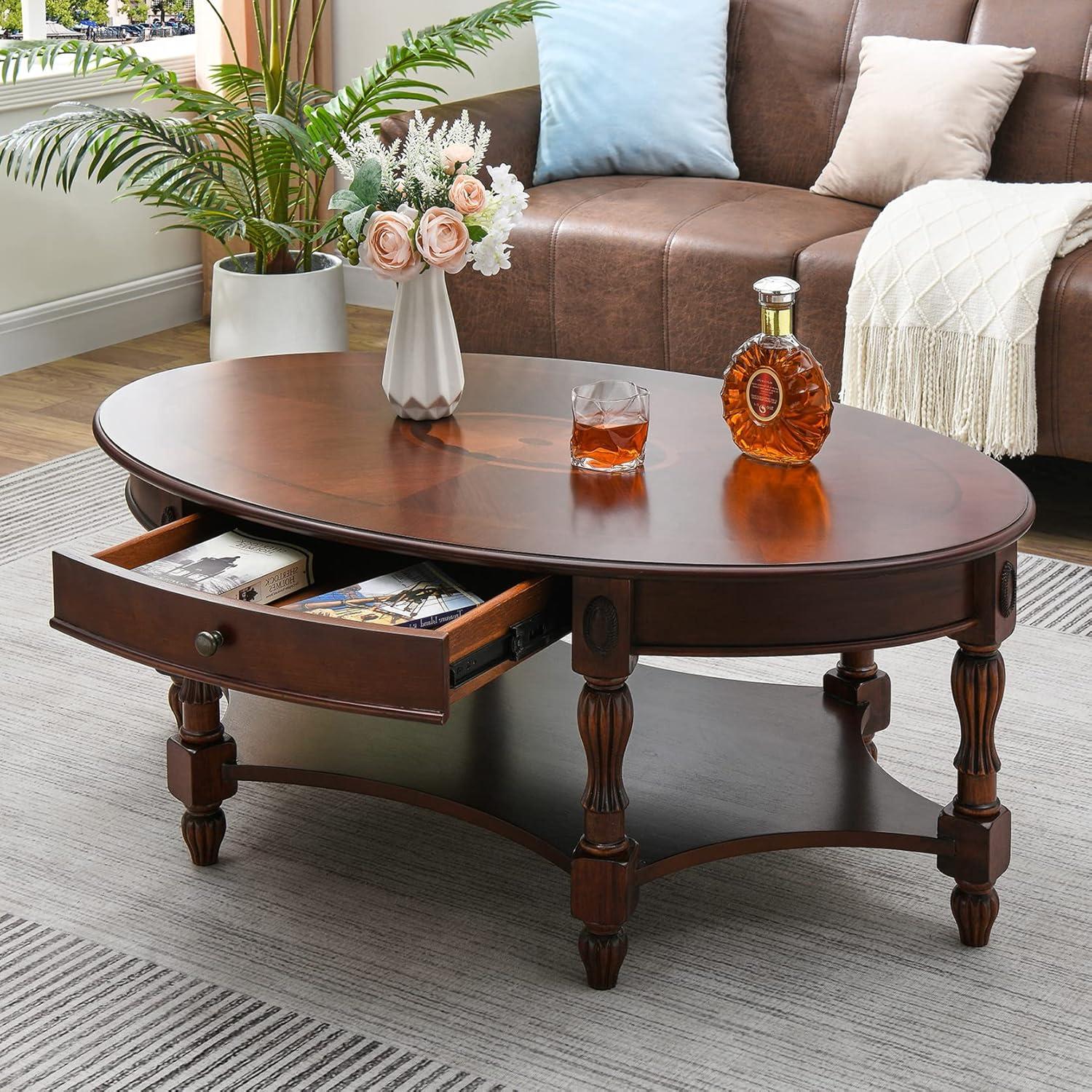 Solid Wood Coffee Table Console Table with Storage Drawer With drawers Coffee Table Wood, Cherry Coffee Tables