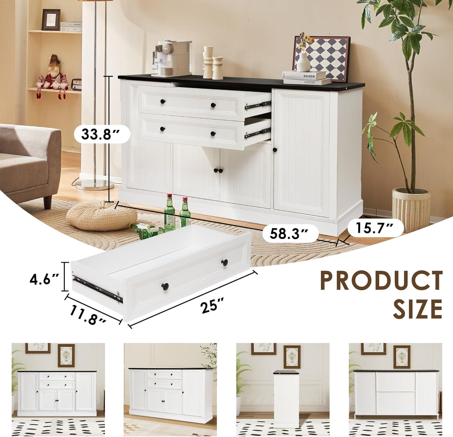 Magic Union 58" Farmhouse Sideboard Buffet Cabinet, Coffee Bar Cabinet with 2 Large Drawers & 4 Grooved Barn Doors, Wood Storage Cabinets for Dinning Room, Kitchen, Living Room, White