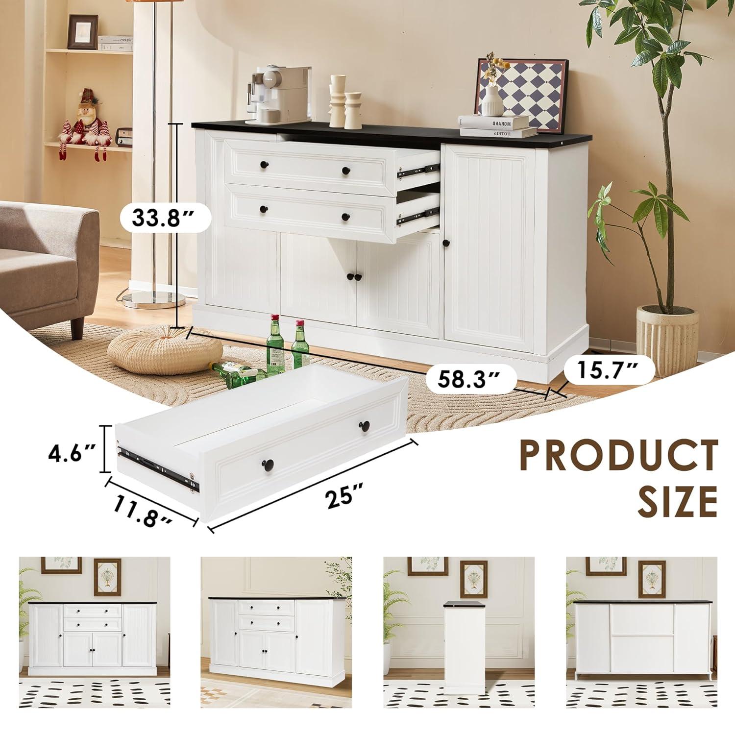 Magic Union 58" Farmhouse Sideboard Buffet Cabinet, Coffee Bar Cabinet with 2 Large Drawers & 4 Grooved Barn Doors, Wood Storage Cabinets for Dinning Room, Kitchen, Living Room, White