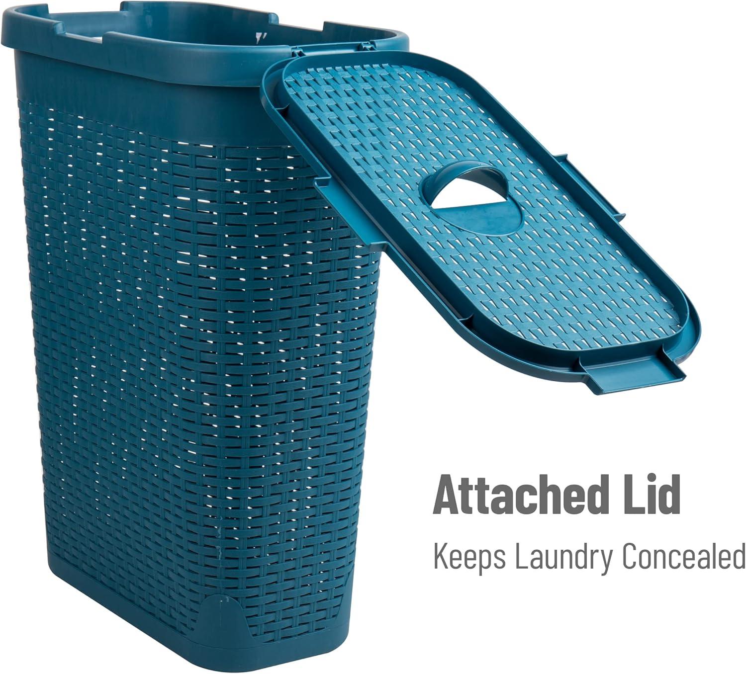 Mind Reader 40L Slim Laundry Hamper, Clothes Basket, Lid, Wicker Design, Plastic, 18"L x 10.4"W x 23.5"H, Set of 2, Blue