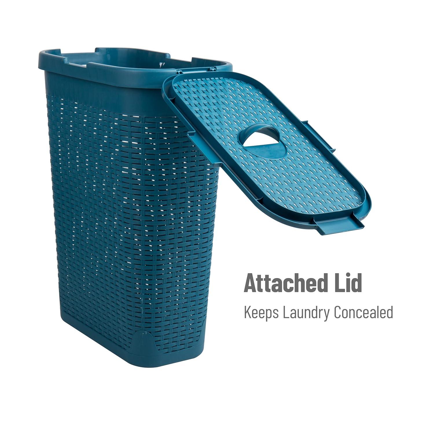 Mind Reader 40L Slim Laundry Hamper, Clothes Basket, Lid, Wicker Design, Plastic, 18"L x 10.4"W x 23.5"H, Set of 2, Blue