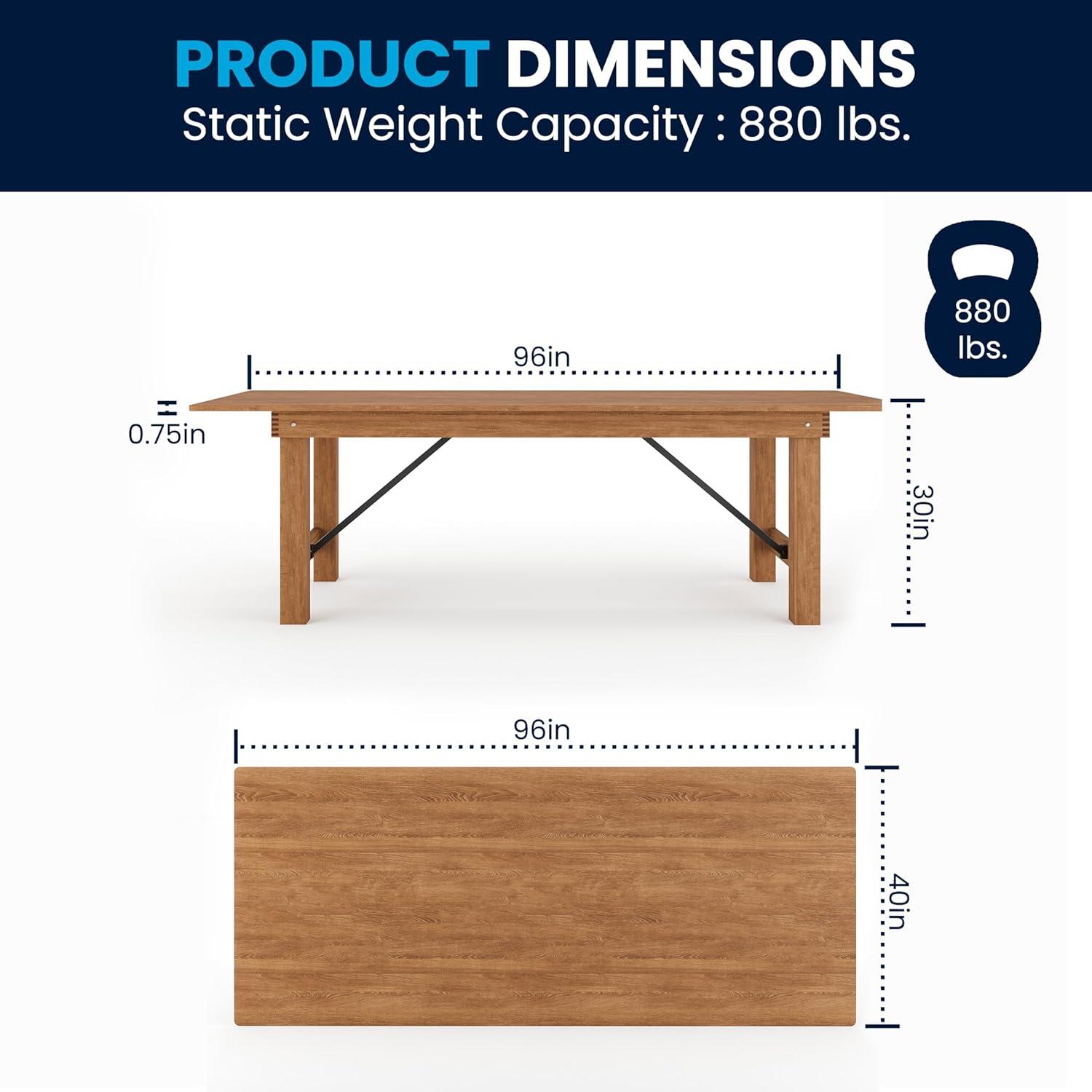 Flash Furniture Hercules Series 8' x 40" Rectangular Rustic Solid Pine Folding Dining Table
