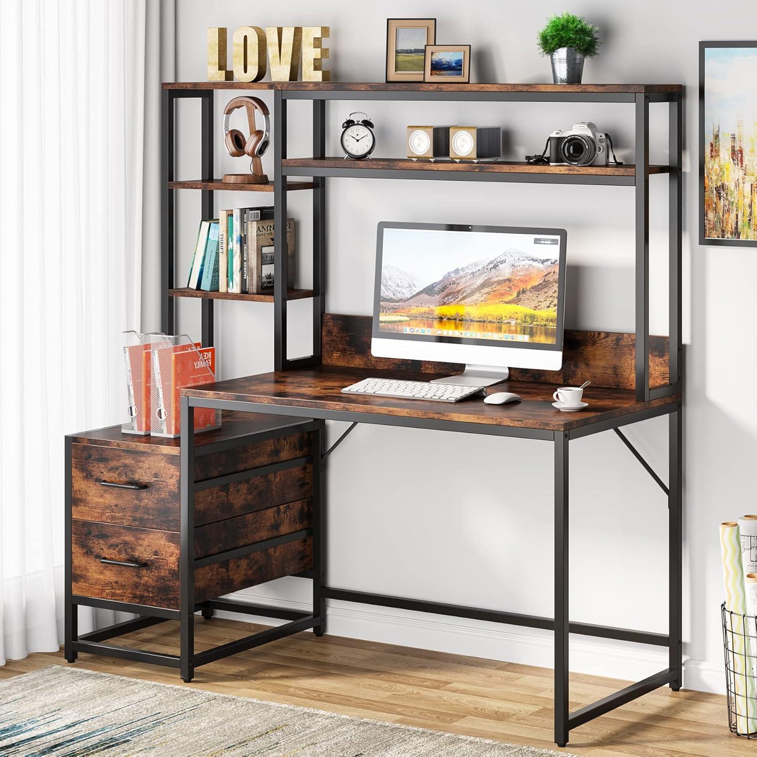55 Inch Computer Desk with 2 Drawers and Storage Shelves, Rustic Office Desk with Hutch, Study Writing Gaming Table Laptop Workstation for Home Office (Brown)