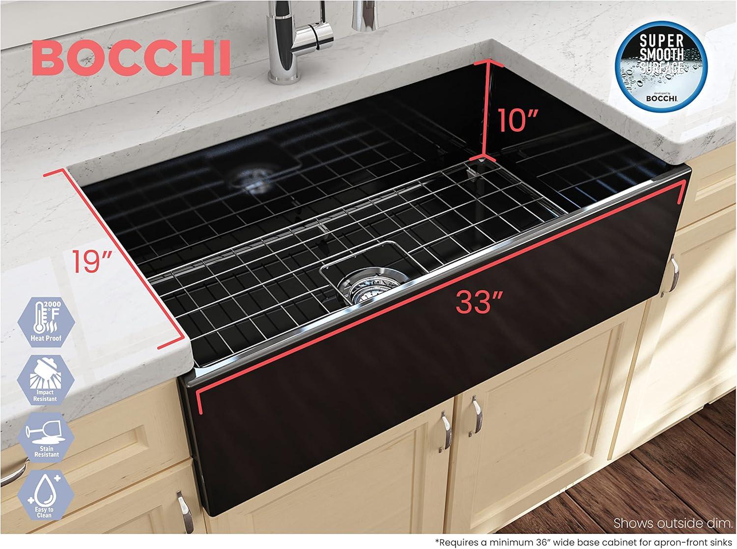 BOCCHI Contempo Farmhouse Apron Front Fireclay 33 in. Single Bowl Kitchen Sink with Protective Bottom Grid and Strainer in Matte Gray