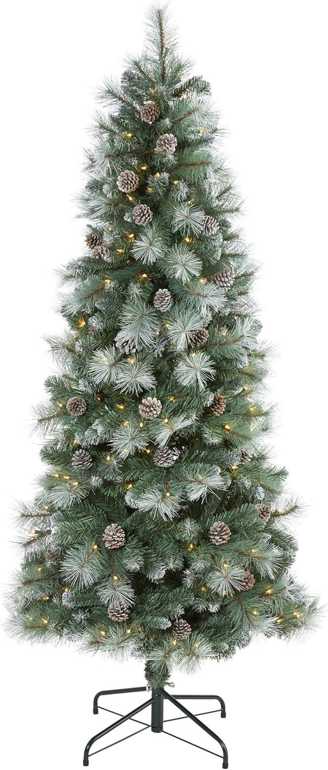 Nearly Natural 6-ft Frosted Tip British Columbia Mountain Pine Artificial Christmas Tree with 250 Clear Lights, Pine Cones and 588 Bendable Branches