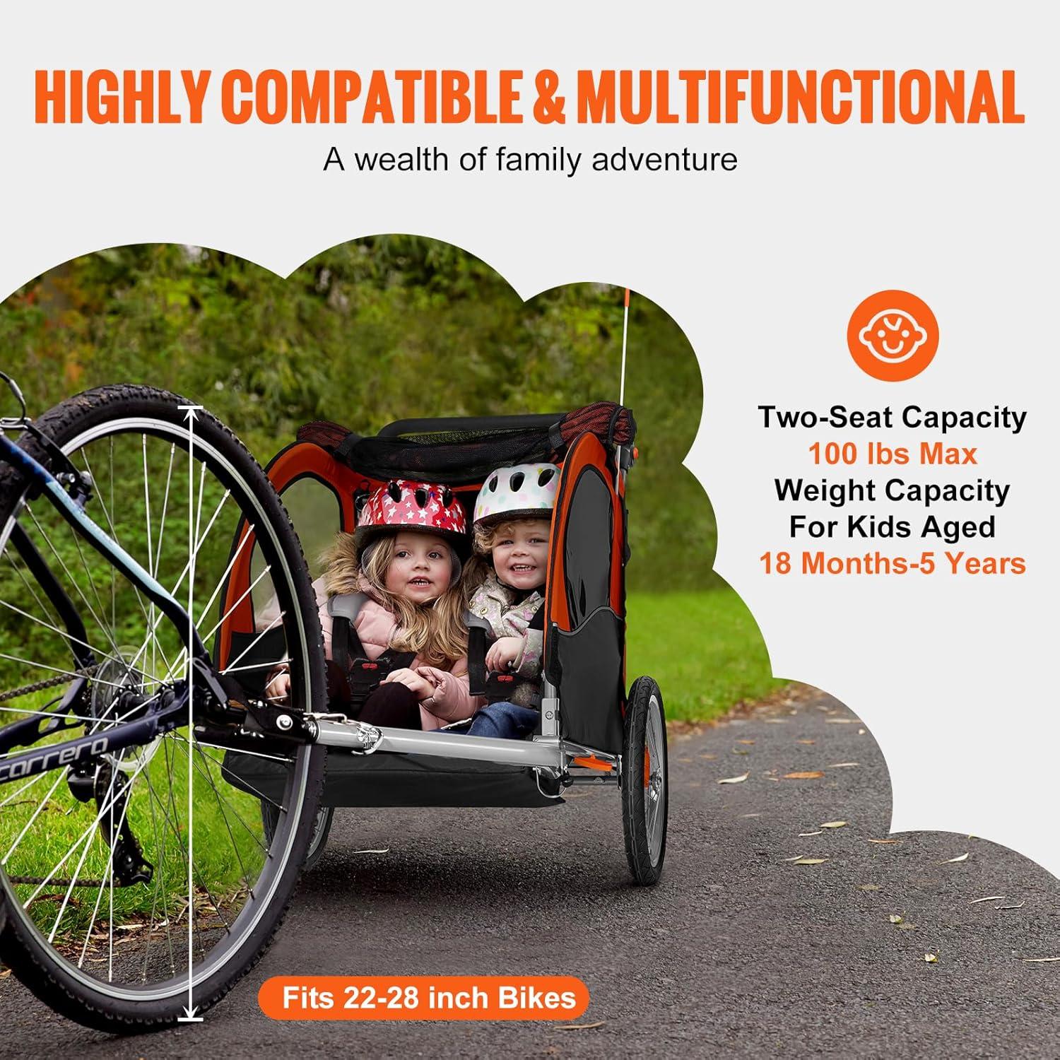 Orange and Black 2-Seat Steel Frame Bike Trailer with Canopy